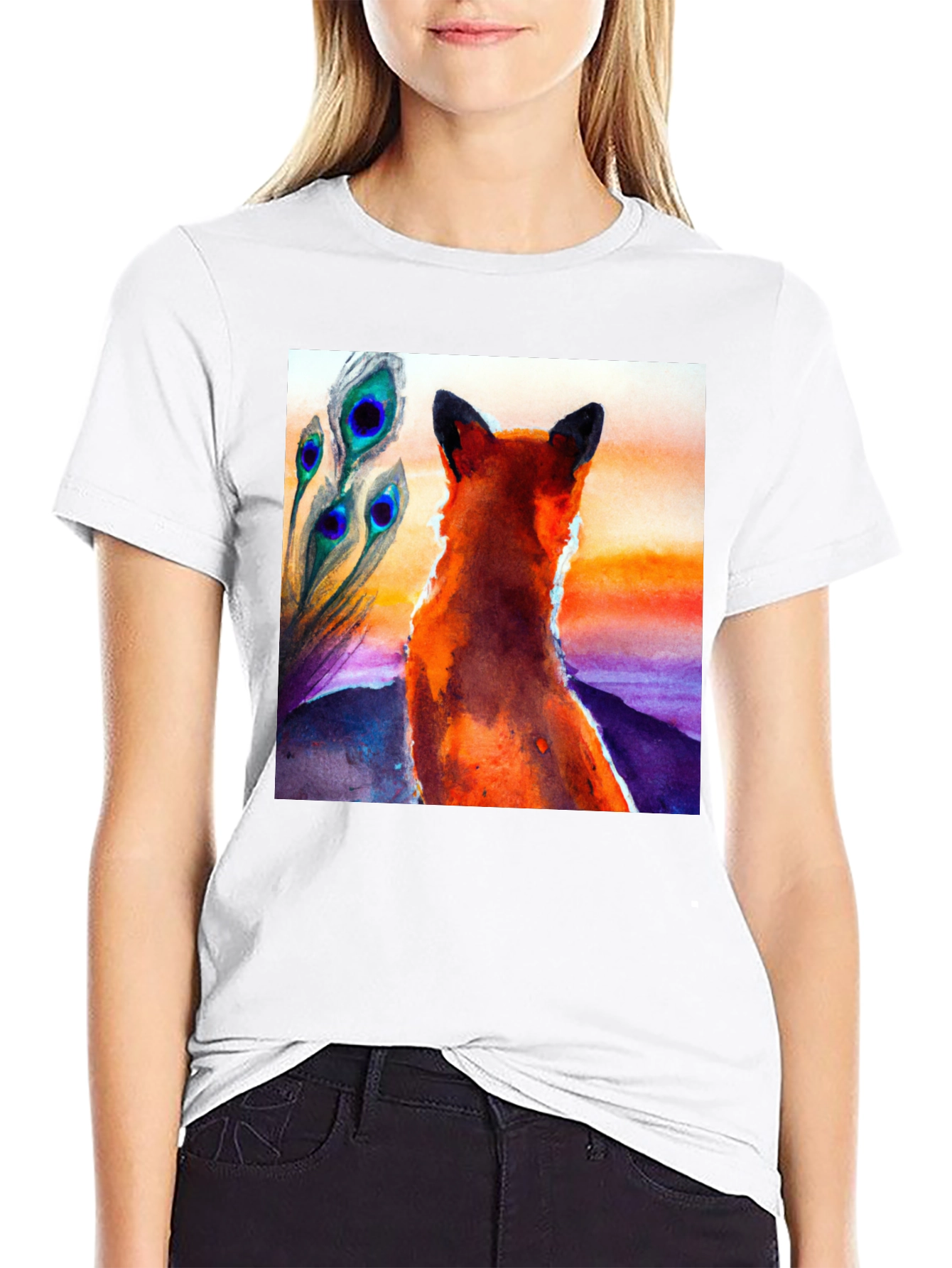 Fox & Peacock Feather Graphic Black T-Shirt