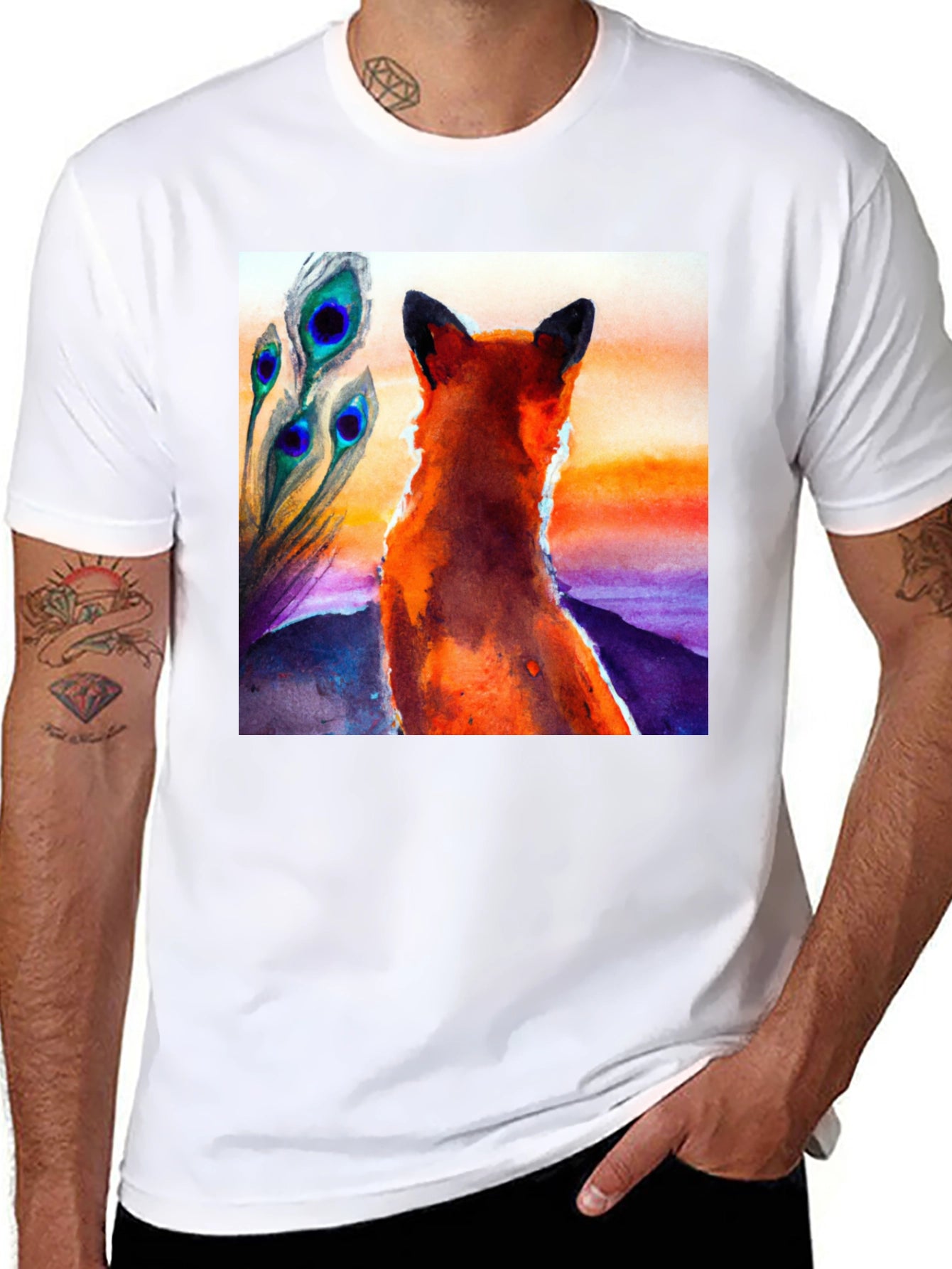 Fox & Peacock Feather Graphic Black T-Shirt