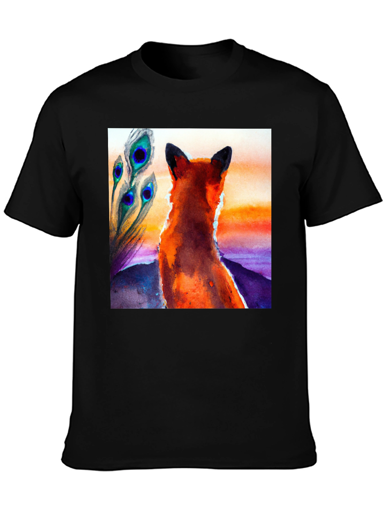 Fox & Peacock Feather Graphic Black T-Shirt