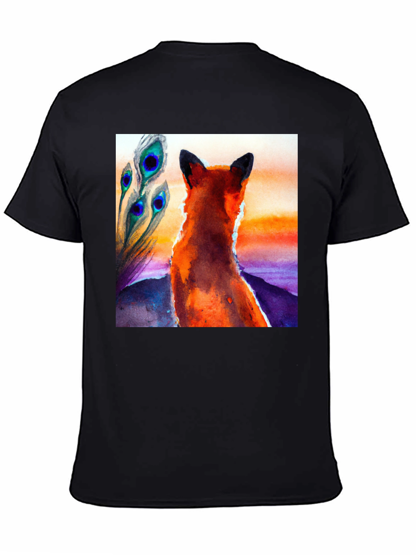 Fox & Peacock Feather Graphic Black T-Shirt