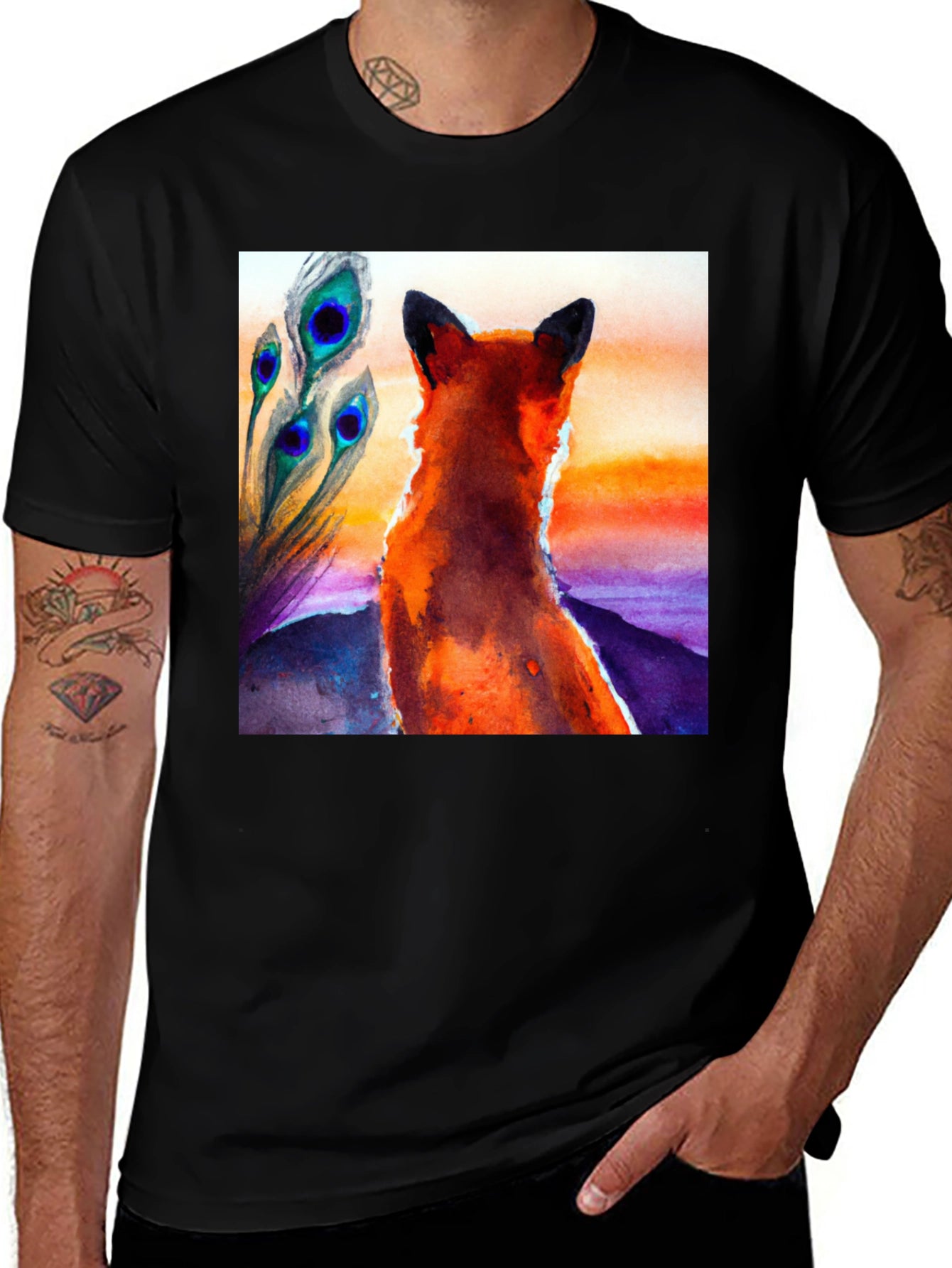 Fox & Peacock Feather Graphic Black T-Shirt