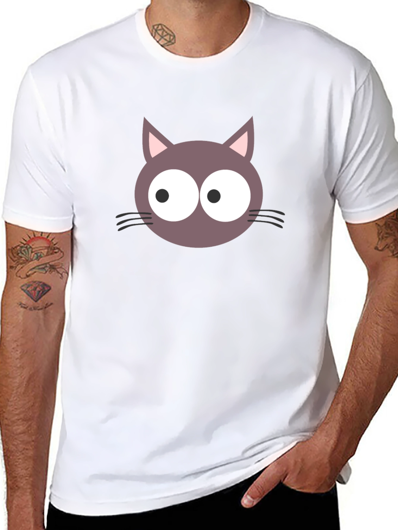 Cartoon Cat Face Graphic T-Shirt - Black