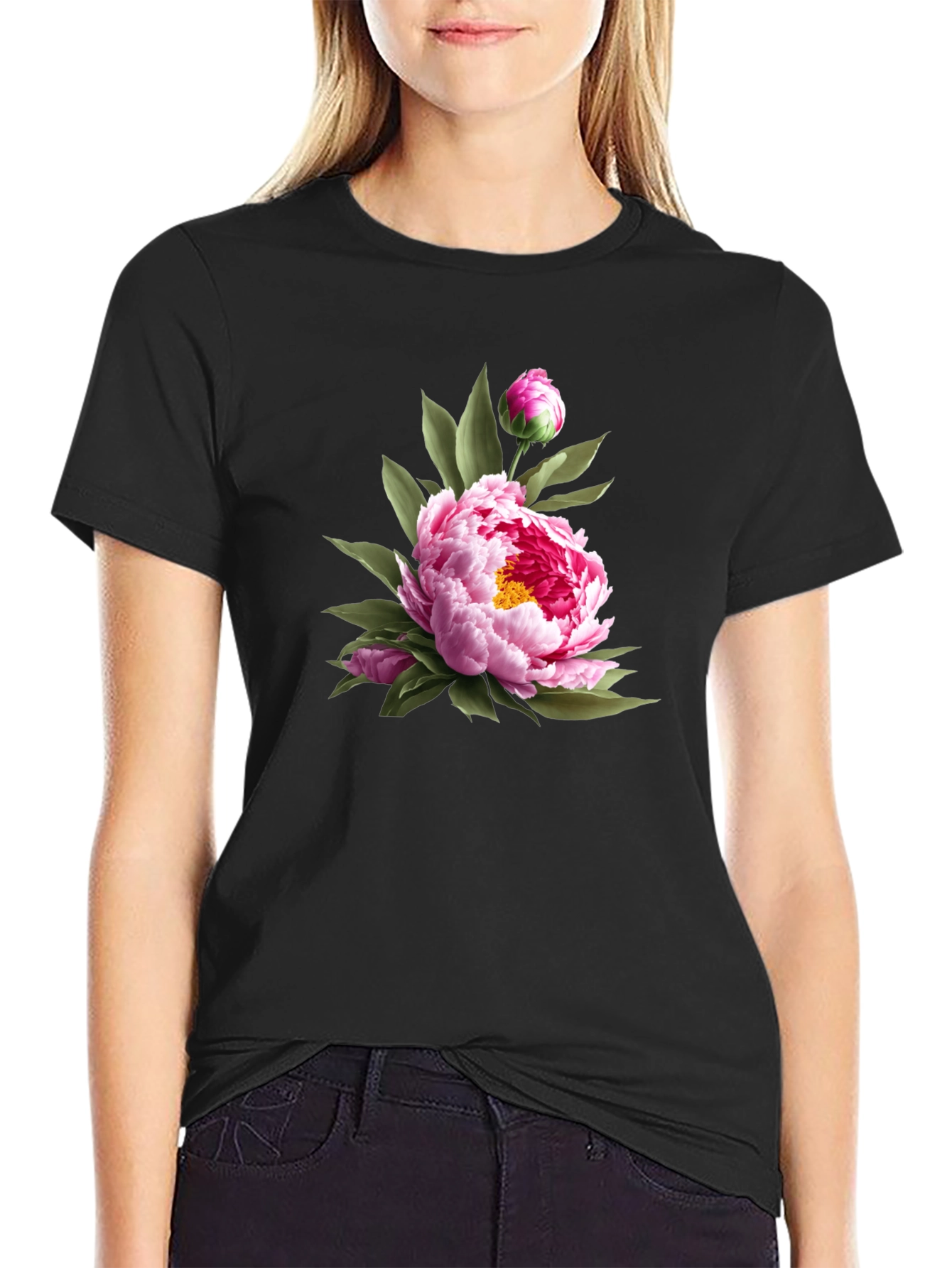 Floral Peony Black T-Shirt
