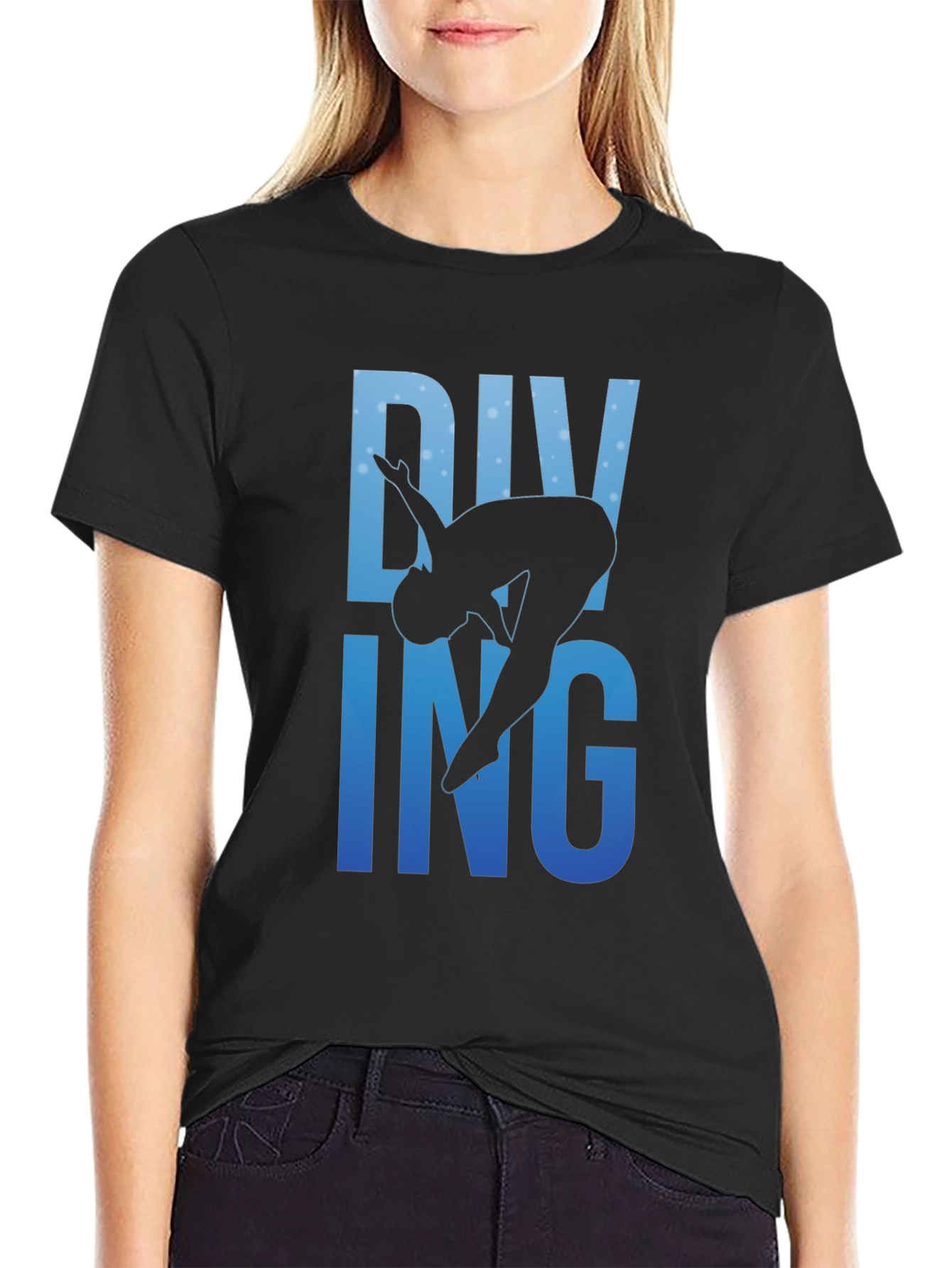Diving Silhouette Graphic Print Black T-Shirt