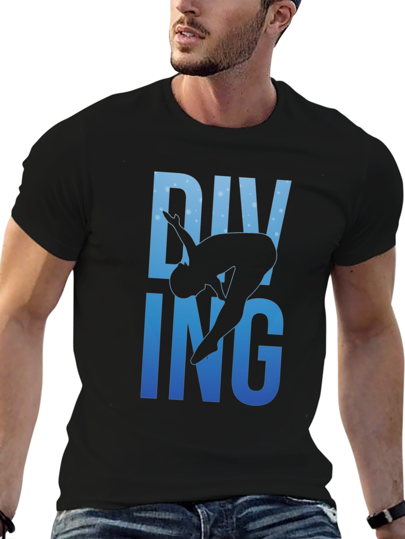 Diving Silhouette Graphic Print Black T-Shirt