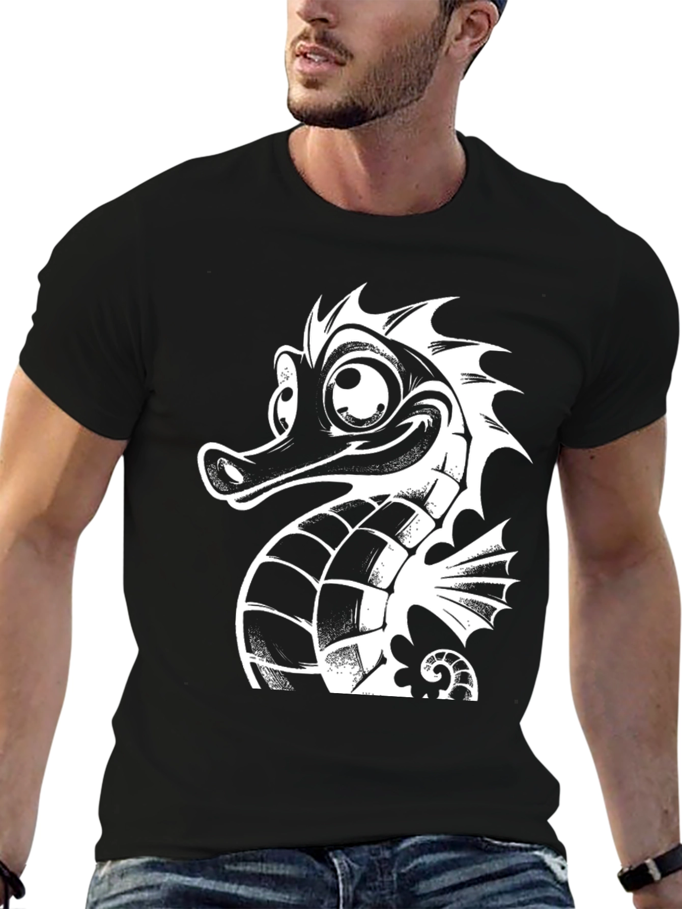Black Tee with White Cartoon Seahorse Graphic