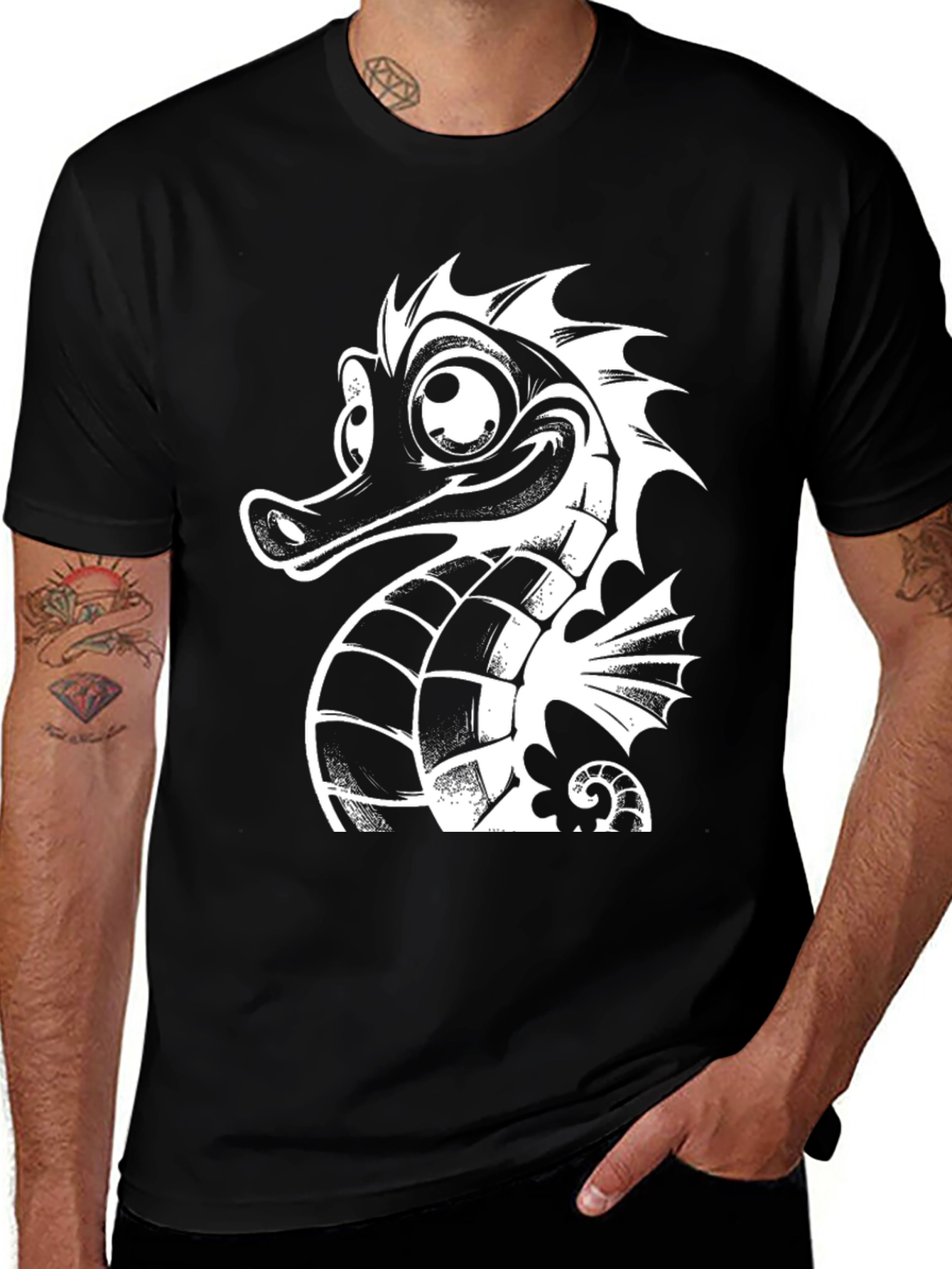 Black Tee with White Cartoon Seahorse Graphic