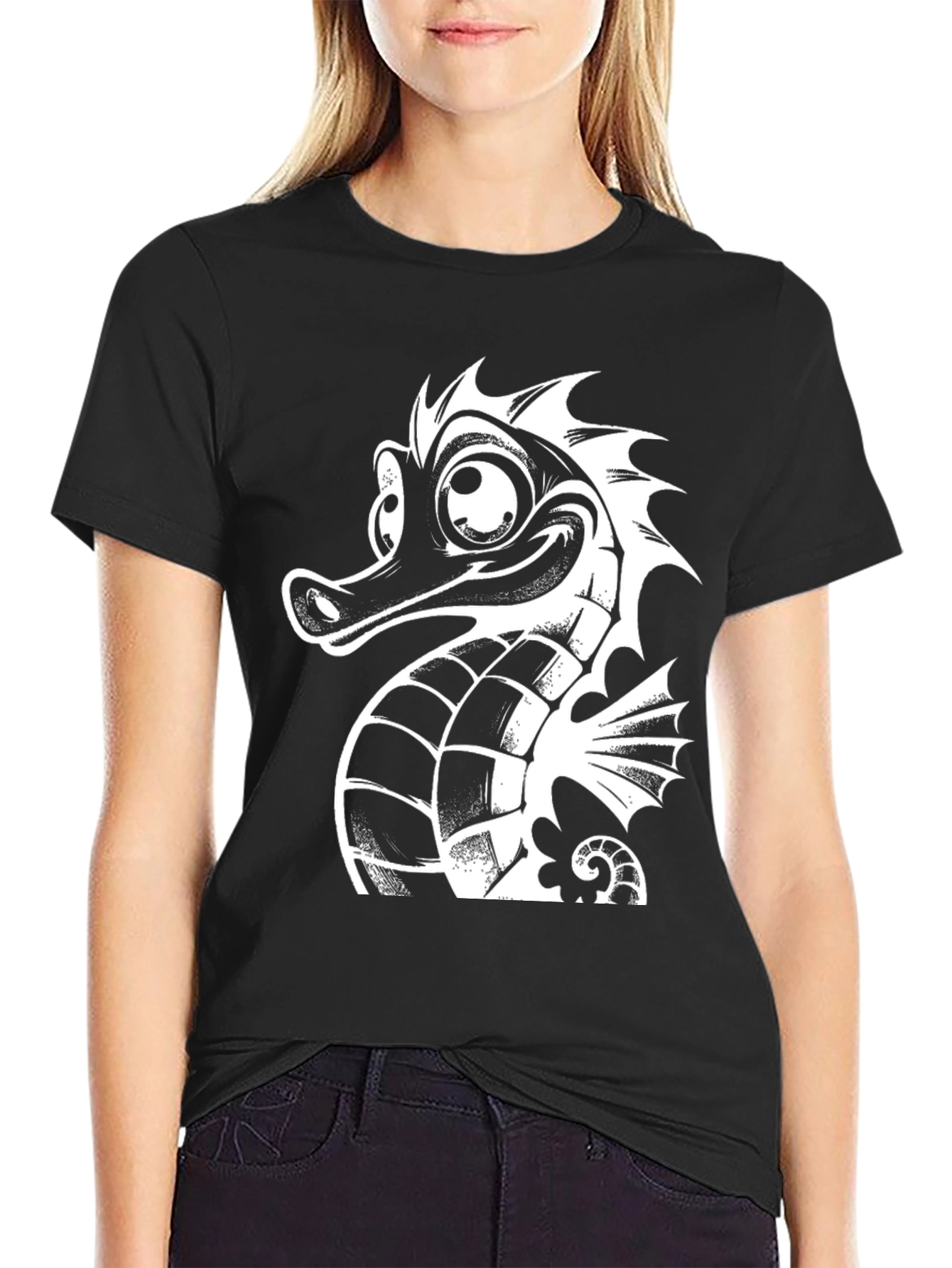 Black Tee with White Cartoon Seahorse Graphic