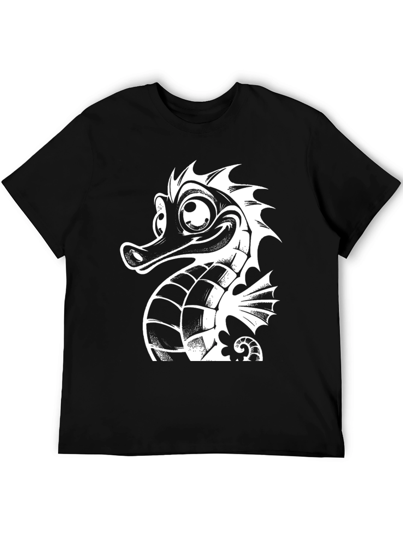 Black Tee with White Cartoon Seahorse Graphic