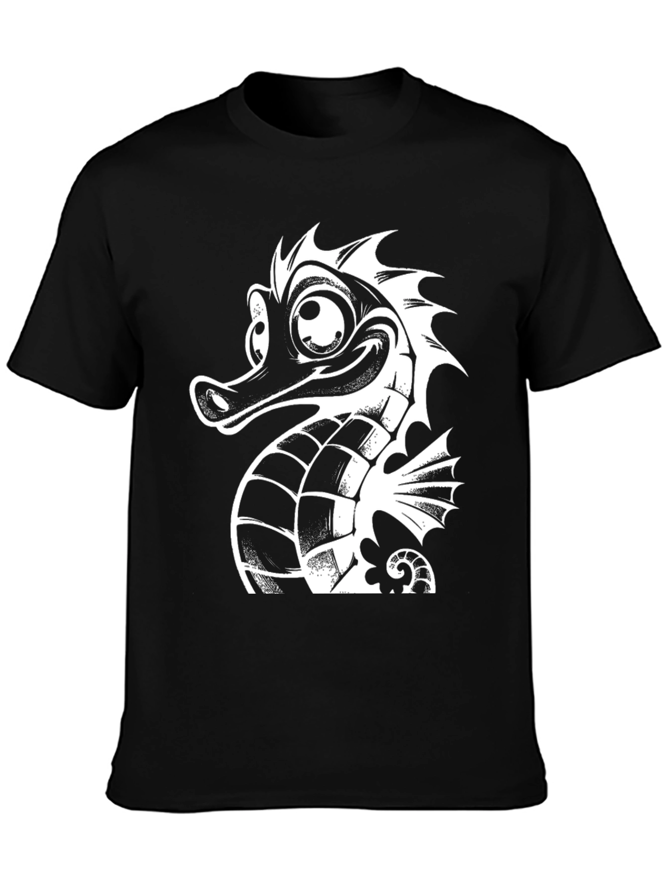 Black Tee with White Cartoon Seahorse Graphic