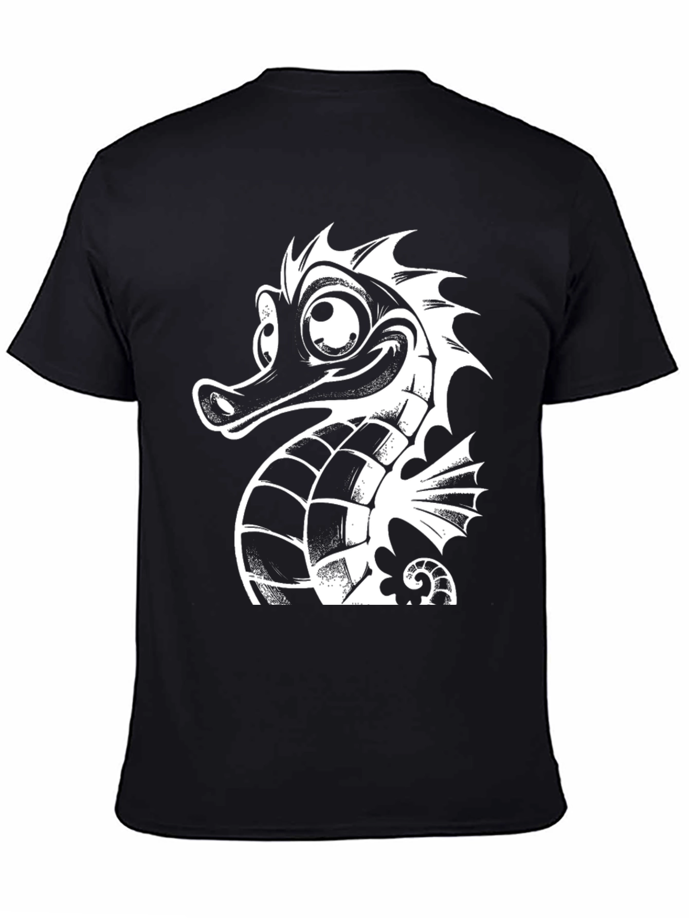 Black Tee with White Cartoon Seahorse Graphic