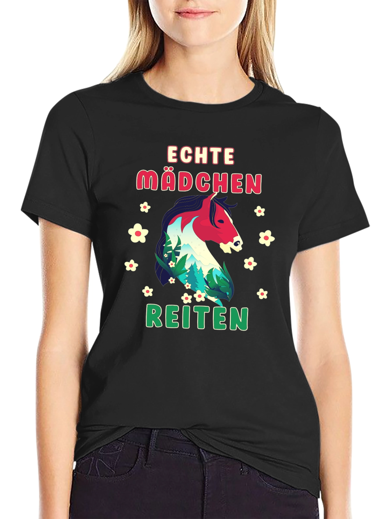 Echte Madchen Reiten Horse Graphic Tee - Black