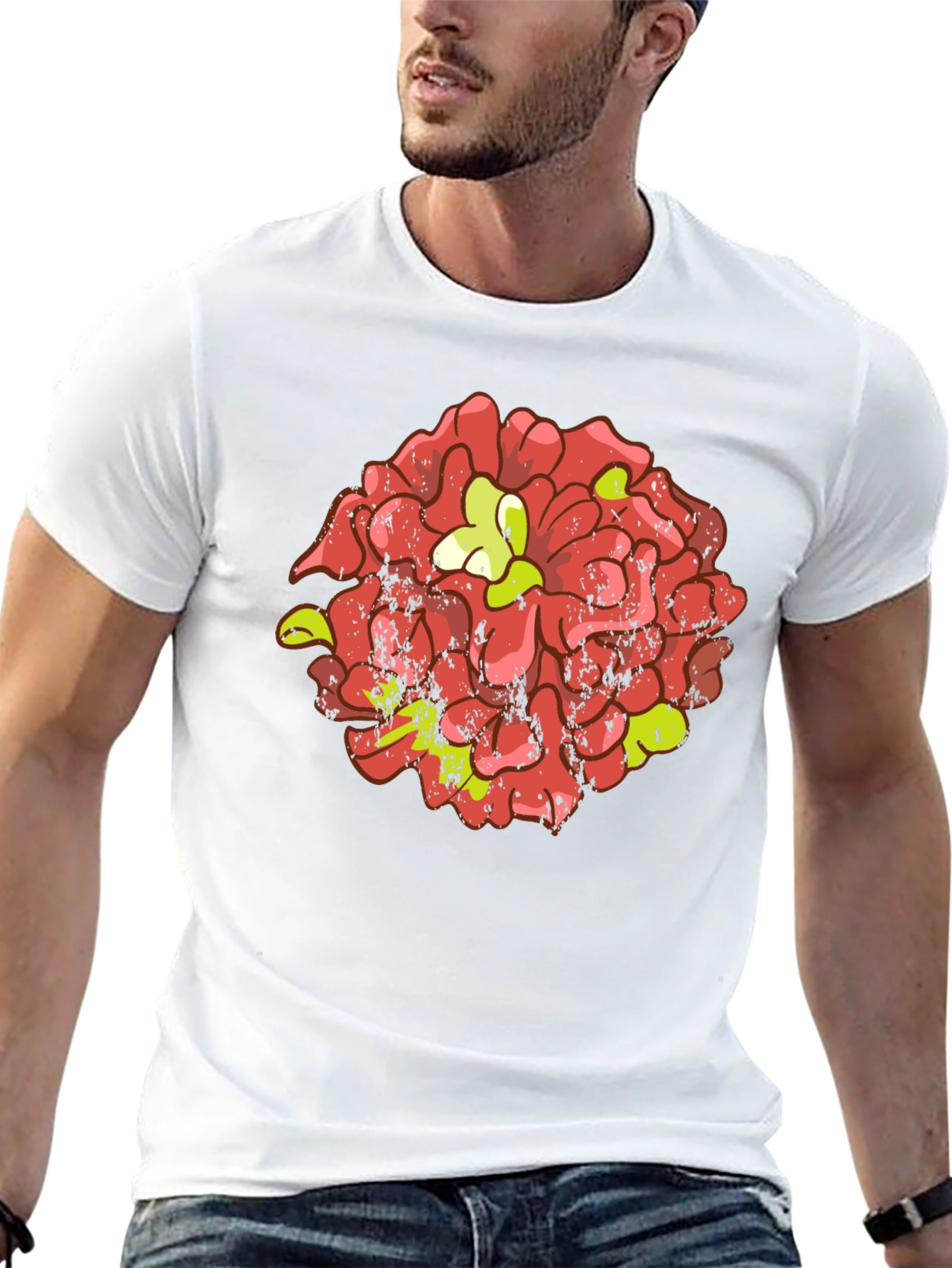 Floral Graphic Tee - Distressed Red Flower Design