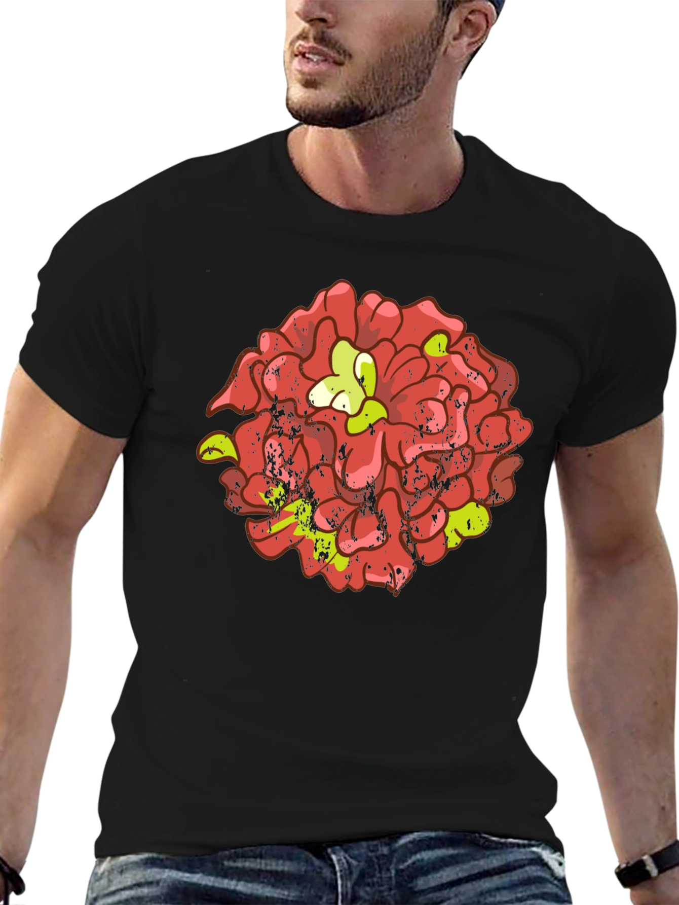 Floral Graphic Tee - Distressed Red Flower Design