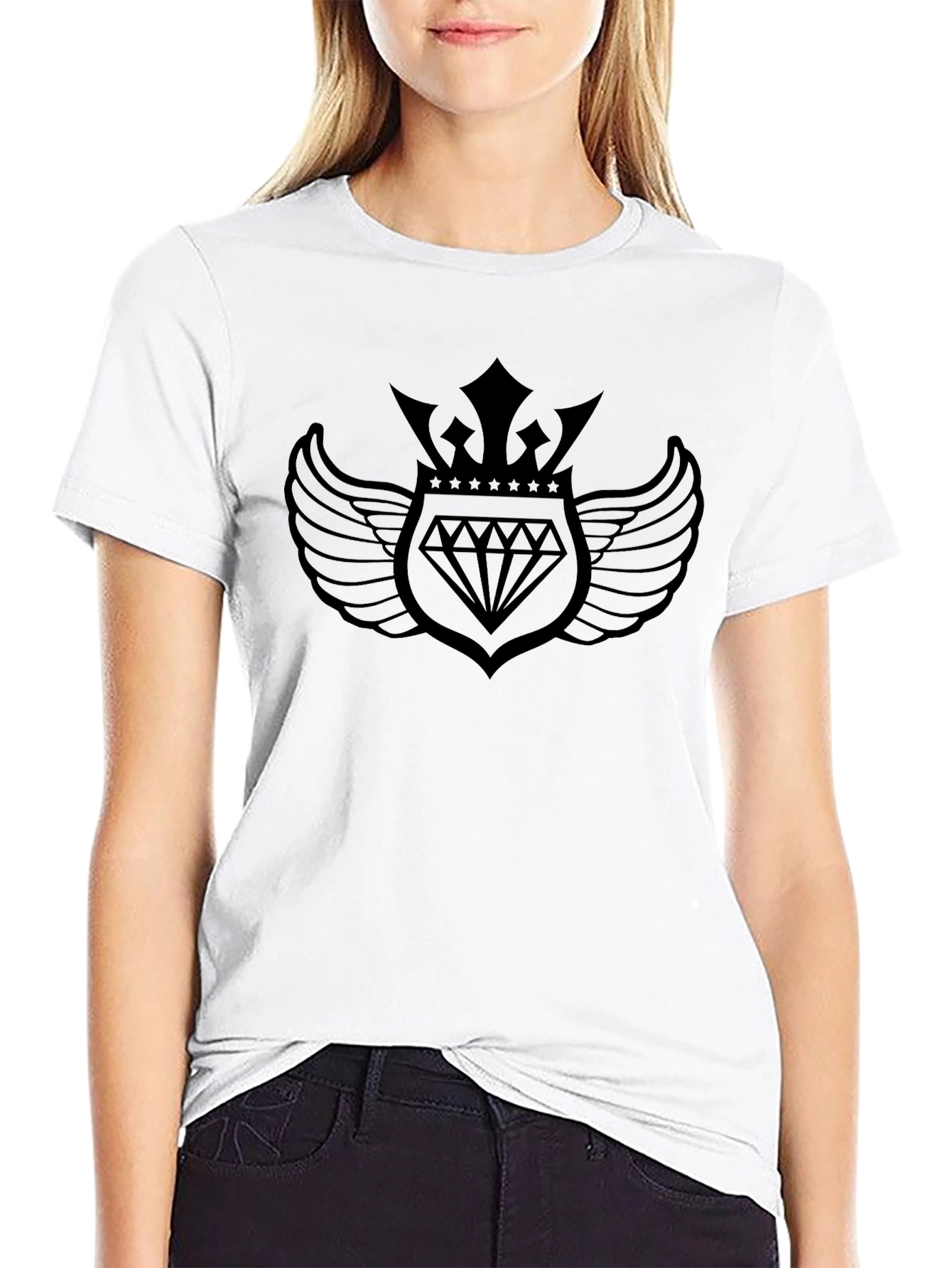 Black Graphic Tee - Diamond Crown Wing Design