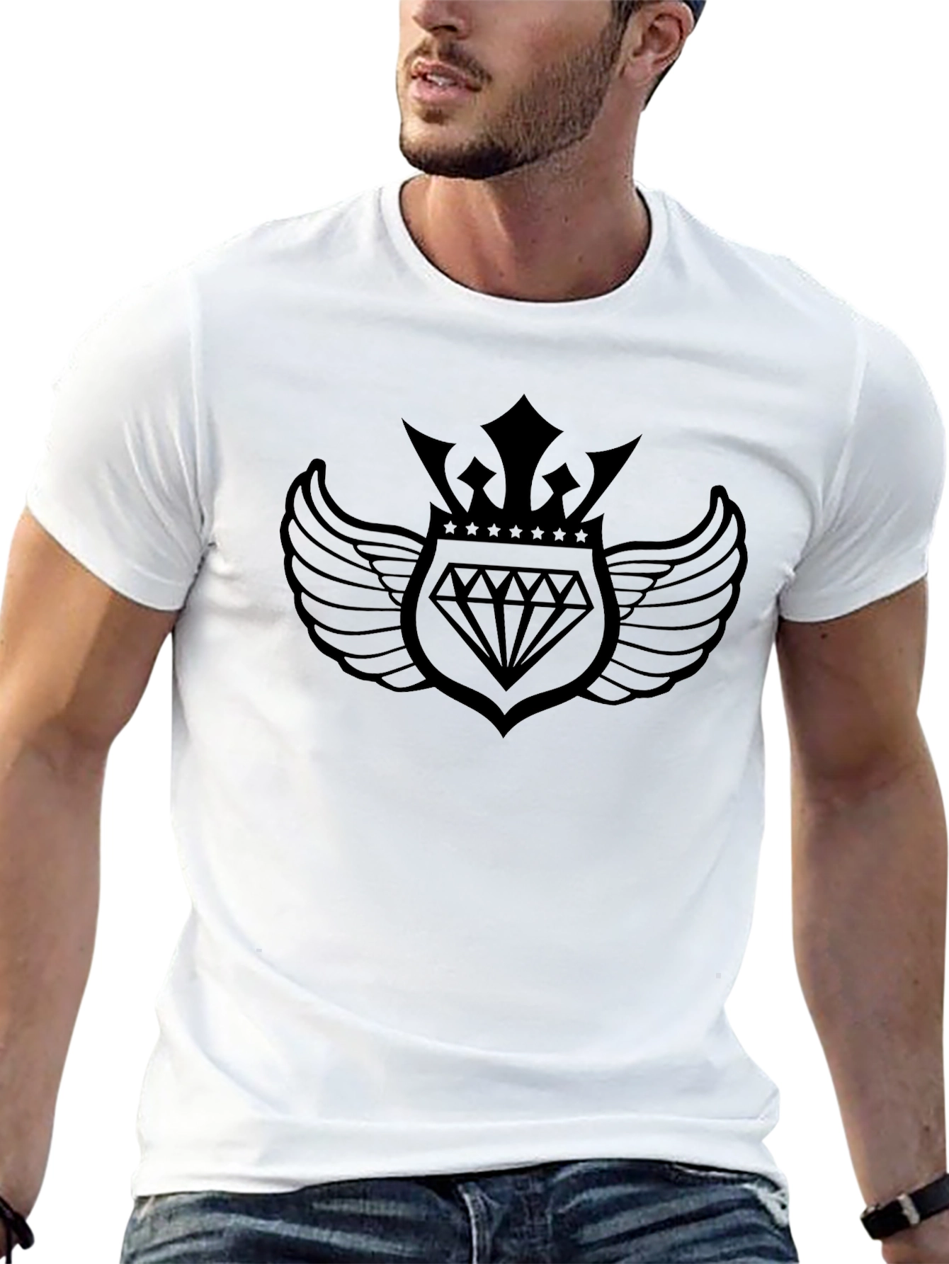 Black Graphic Tee - Diamond Crown Wing Design