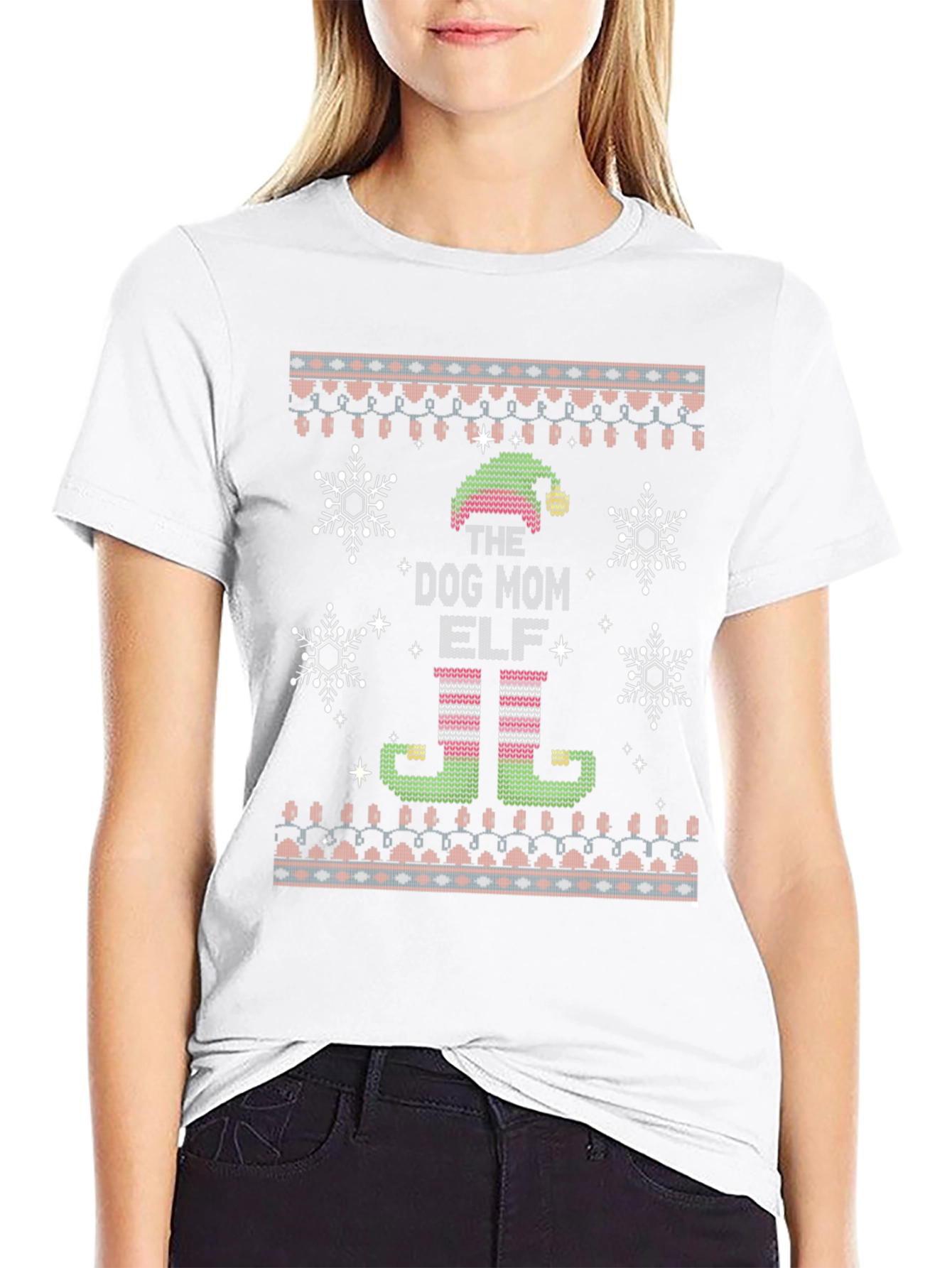 Dog Mom Elf Ugly Christmas Sweater Style T-Shirt