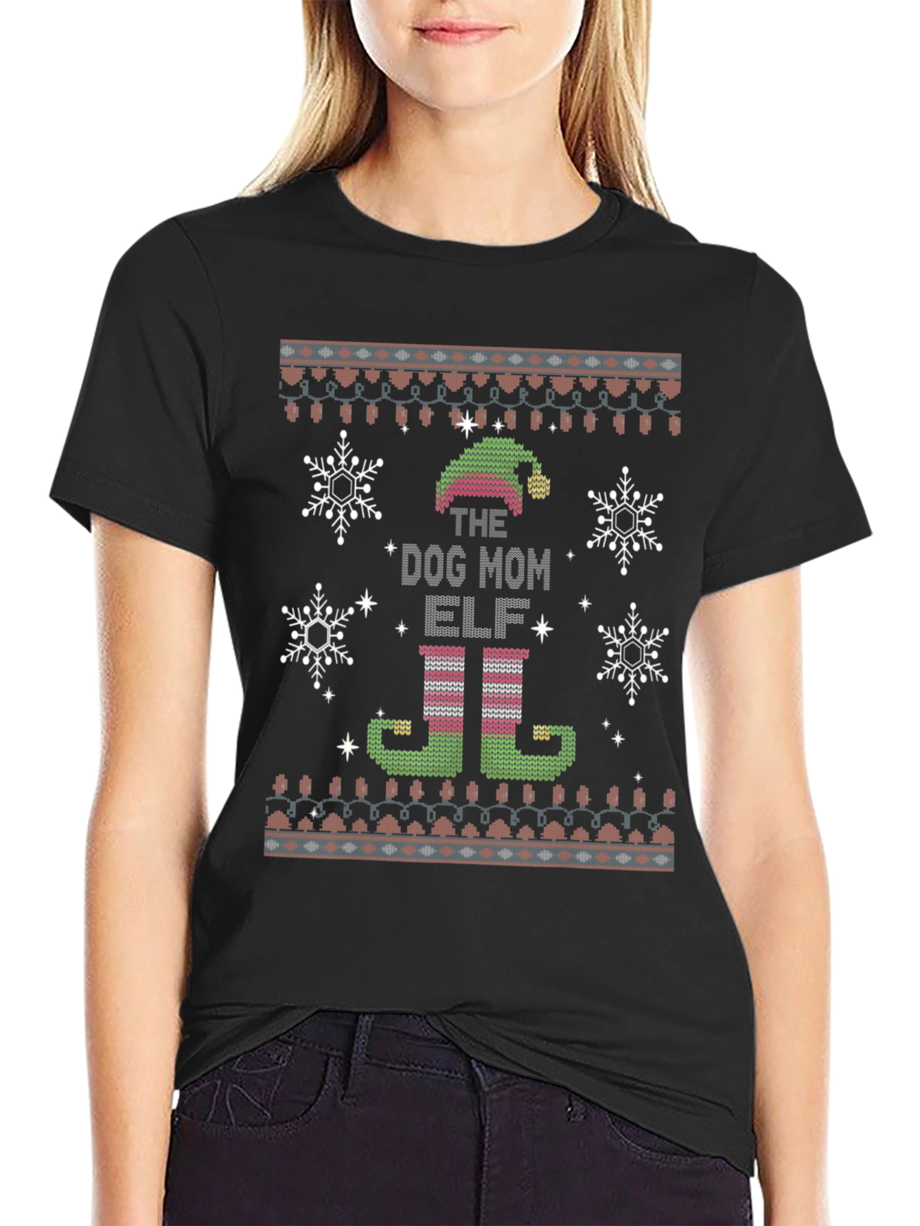 Dog Mom Elf Ugly Christmas Sweater Style T-Shirt