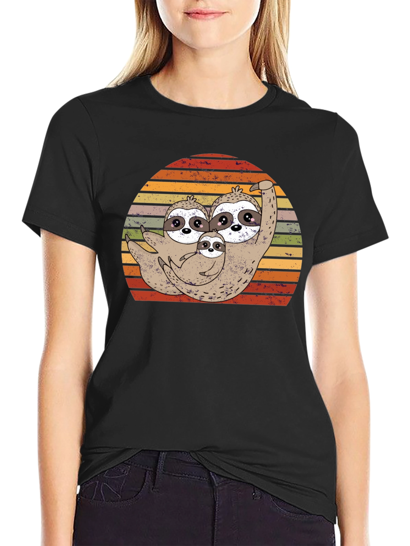 Cute Sloth Family Sunset T-Shirt - Black