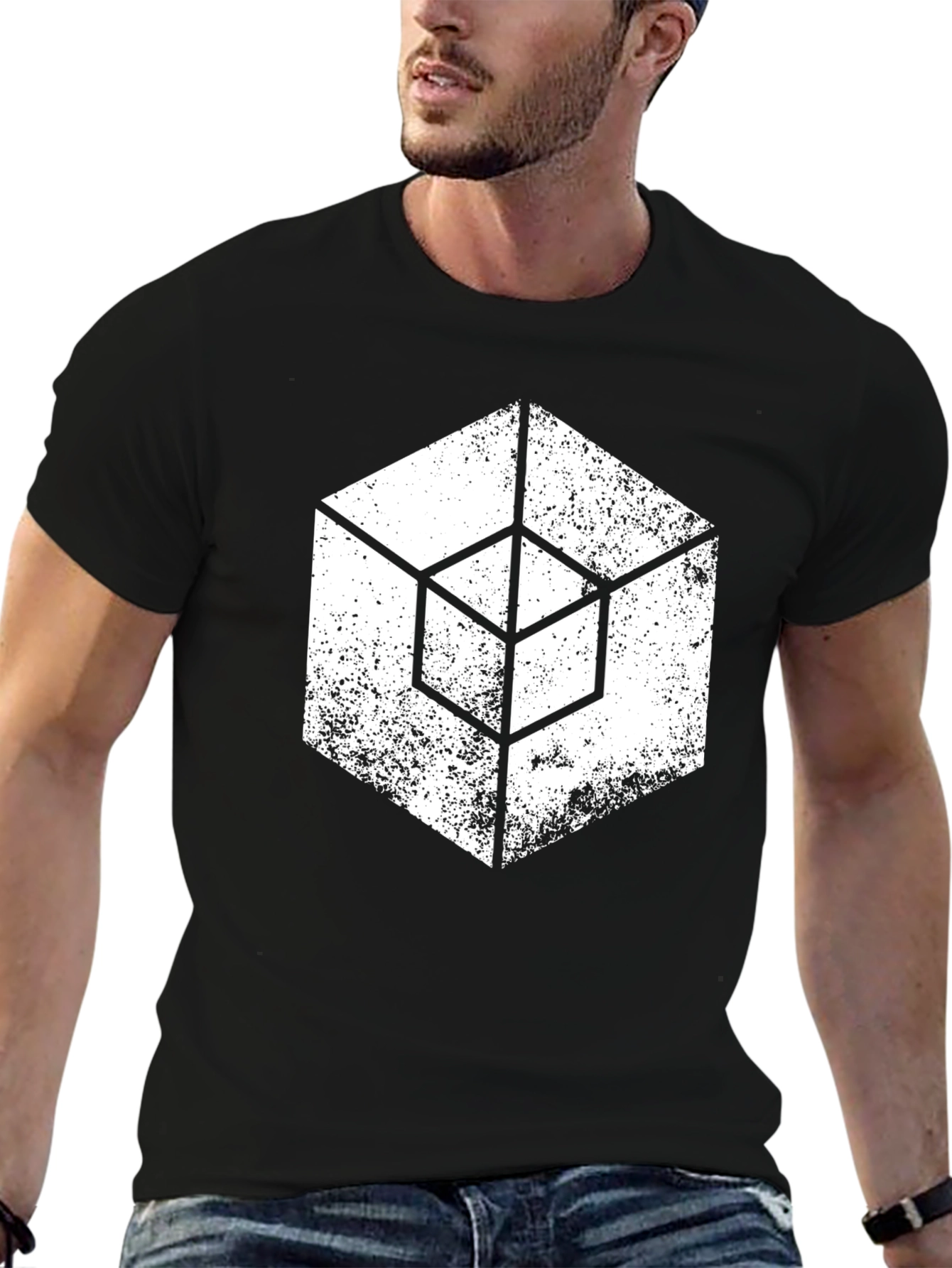 Geometric Cube Graphic T-Shirt - Grunge Style