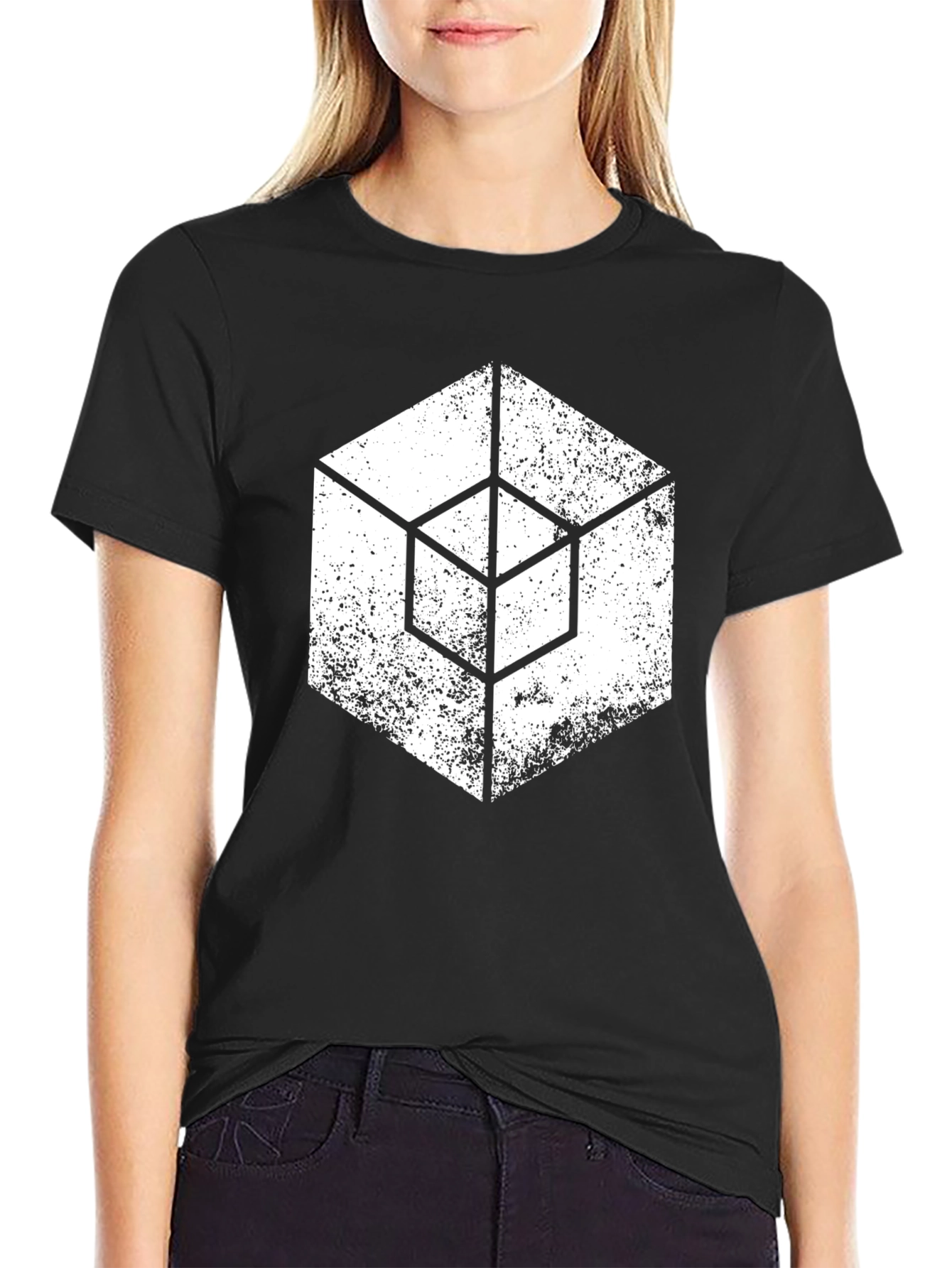 Geometric Cube Graphic T-Shirt - Grunge Style