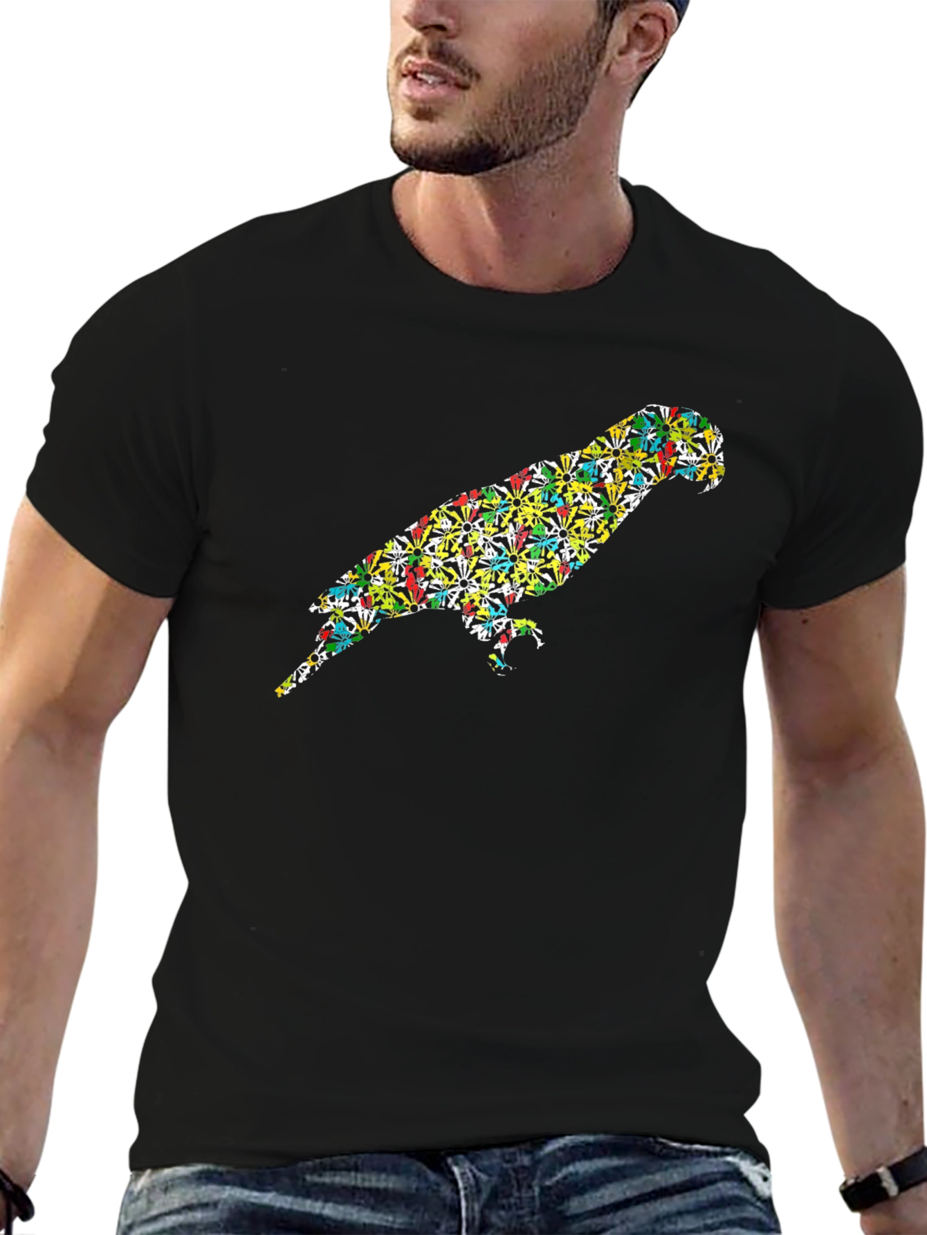Parrot Print Black T-Shirt - Unique Bird Design