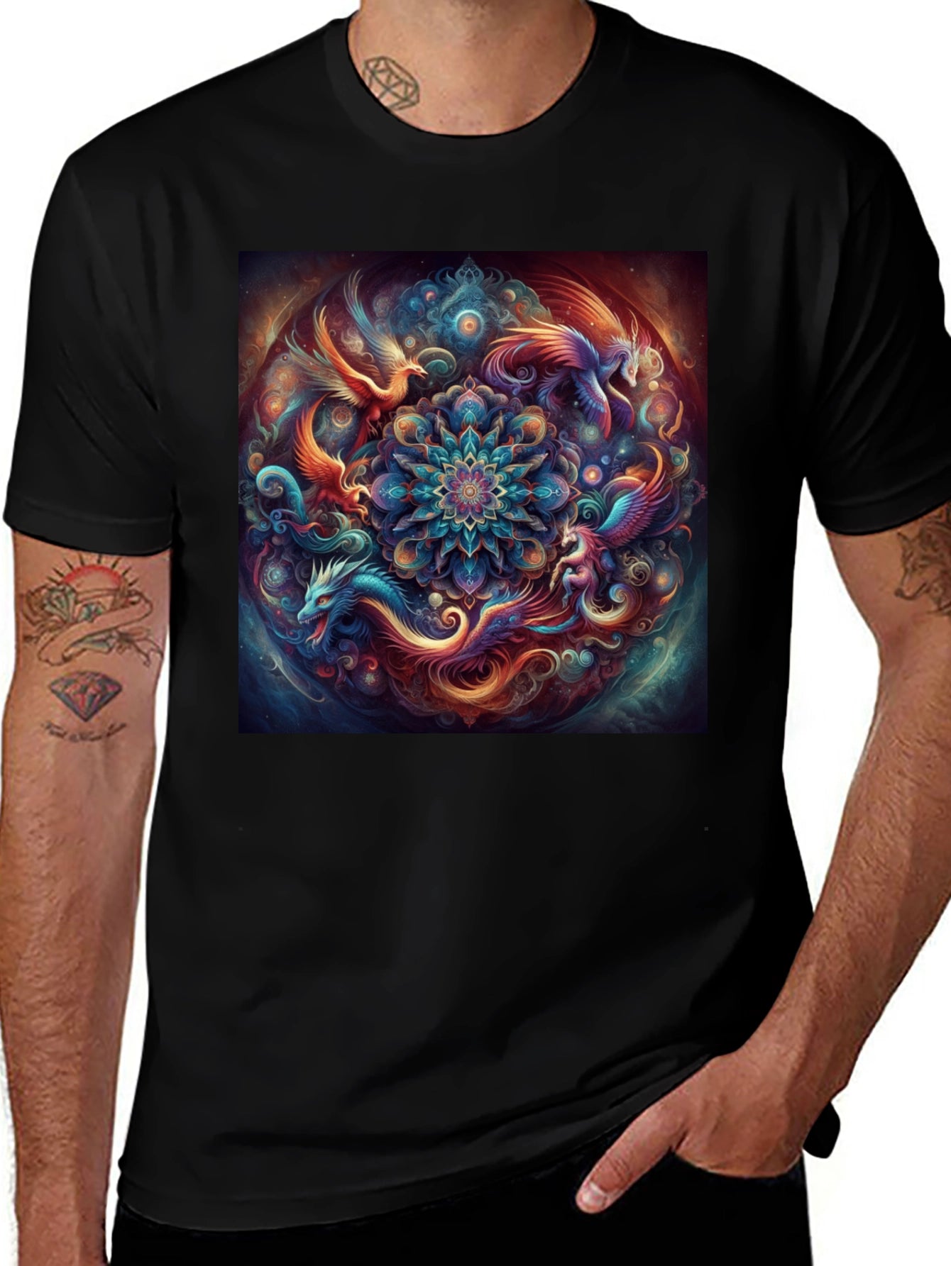 Mystic Phoenix Dragon Mandala Black T-Shirt