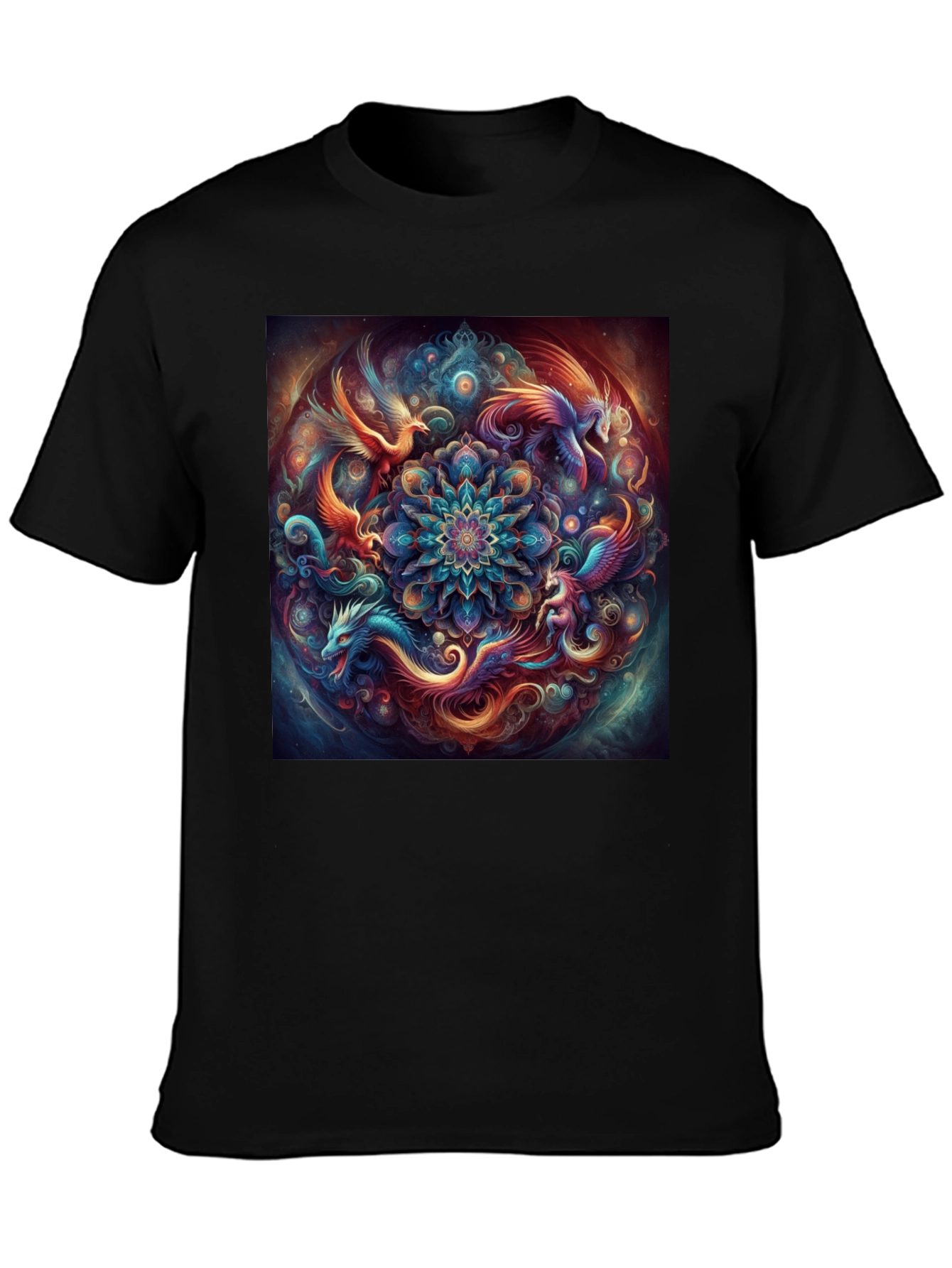 Mystic Phoenix Dragon Mandala Black T-Shirt