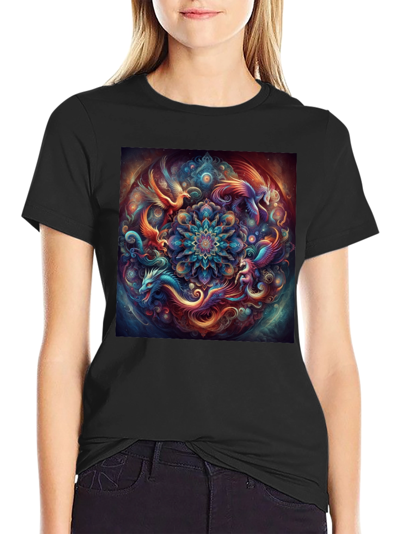 Mystic Phoenix Dragon Mandala Black T-Shirt