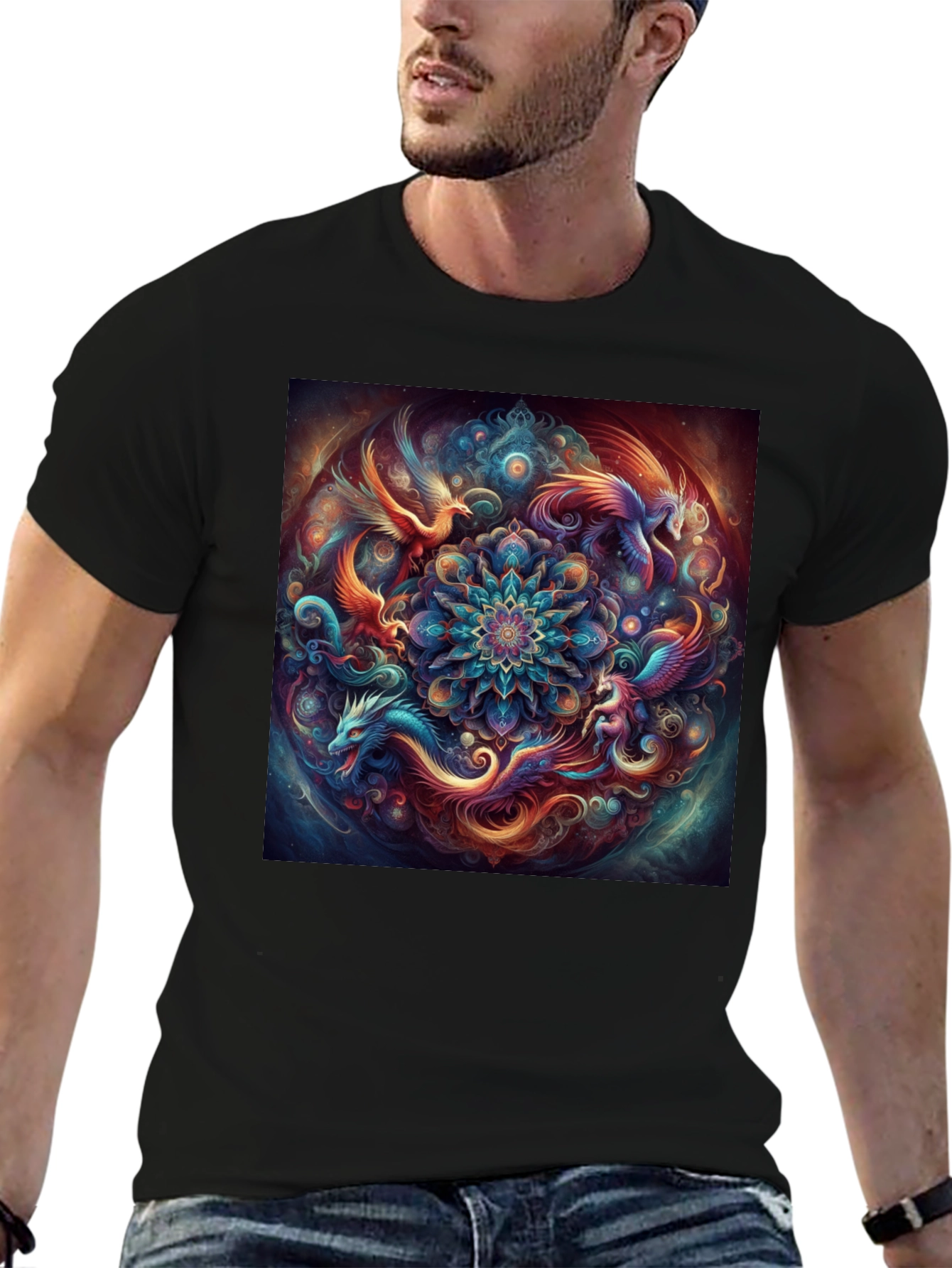 Mystic Phoenix Dragon Mandala Black T-Shirt