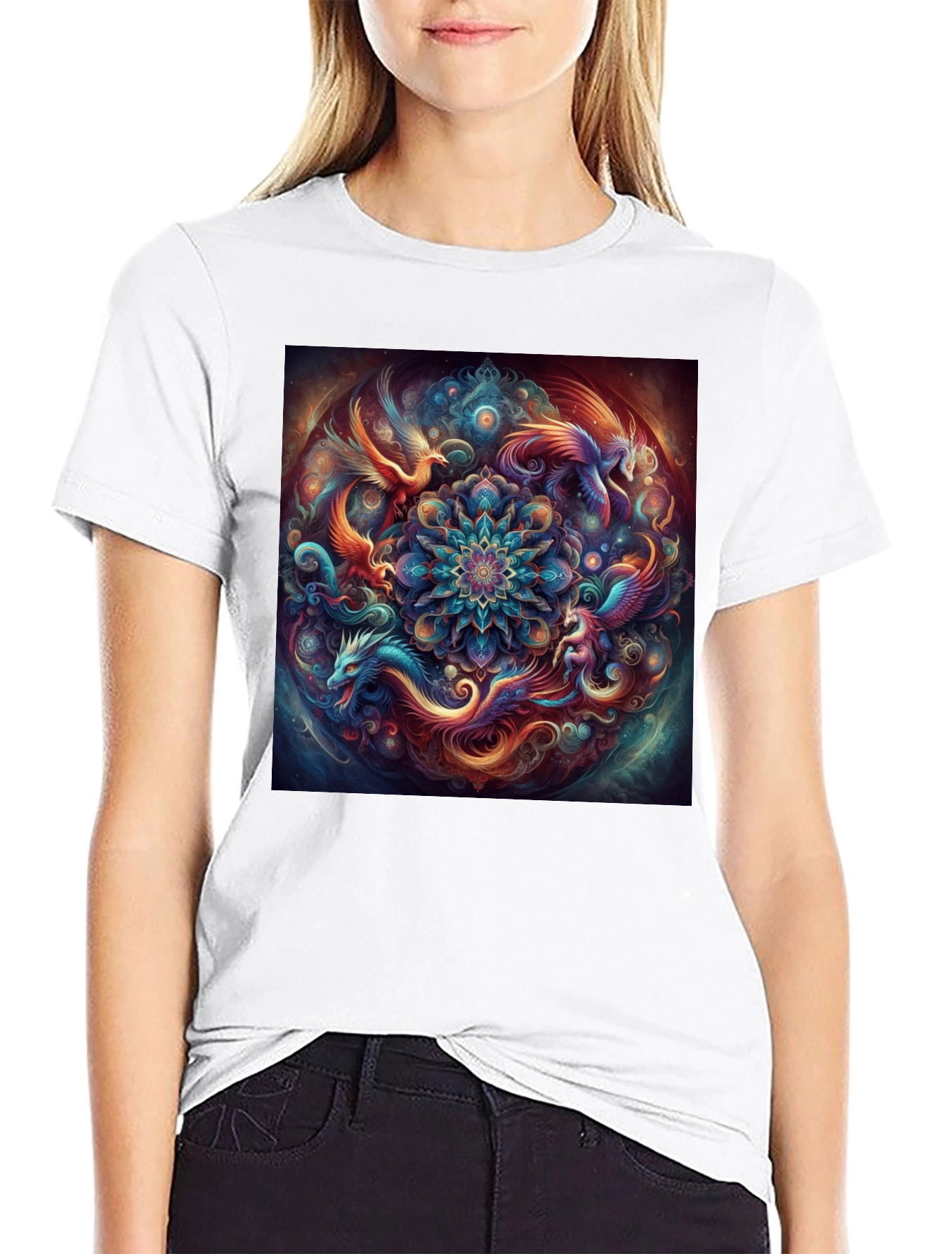 Mystic Phoenix Dragon Mandala Black T-Shirt