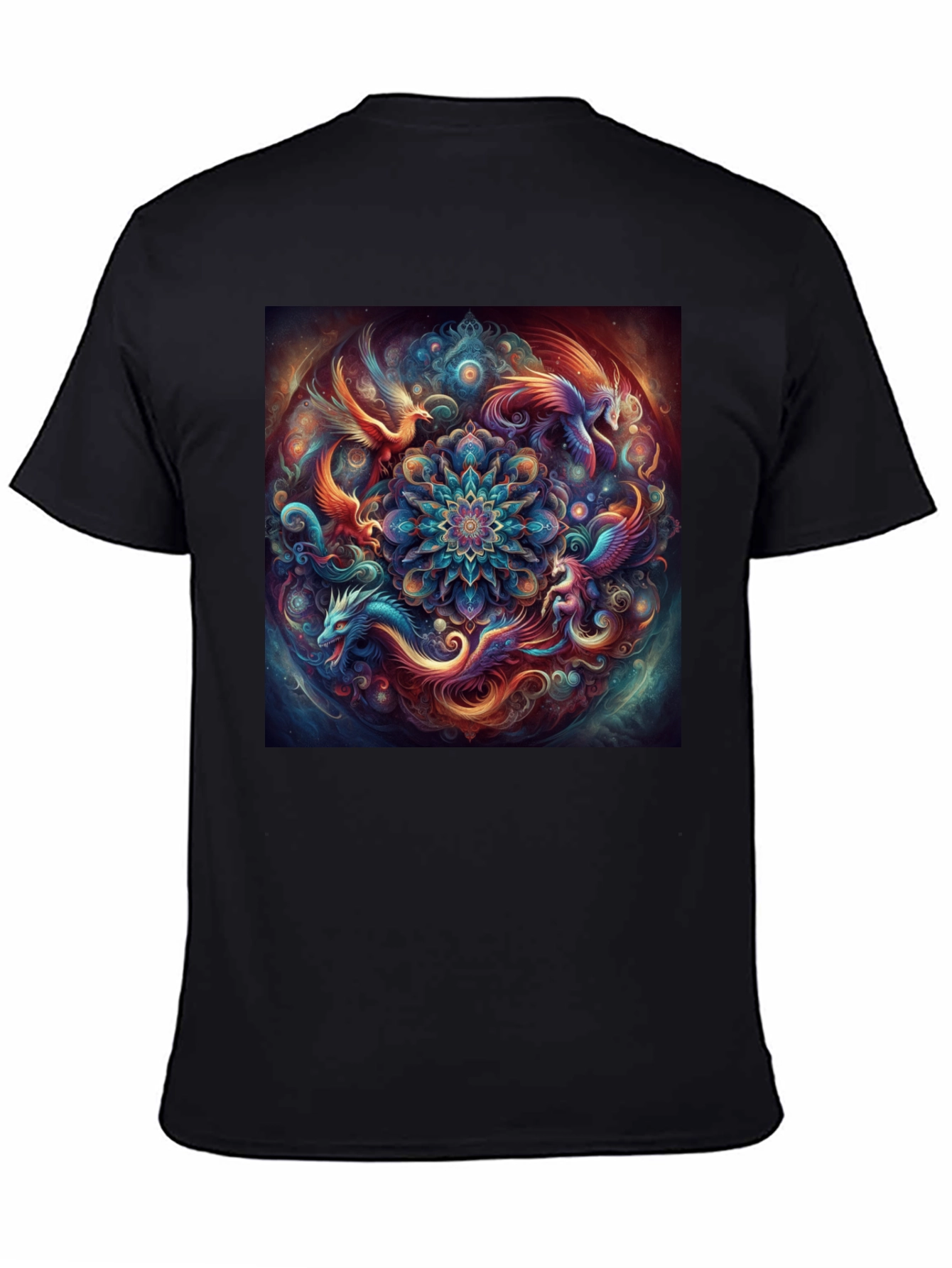 Mystic Phoenix Dragon Mandala Black T-Shirt