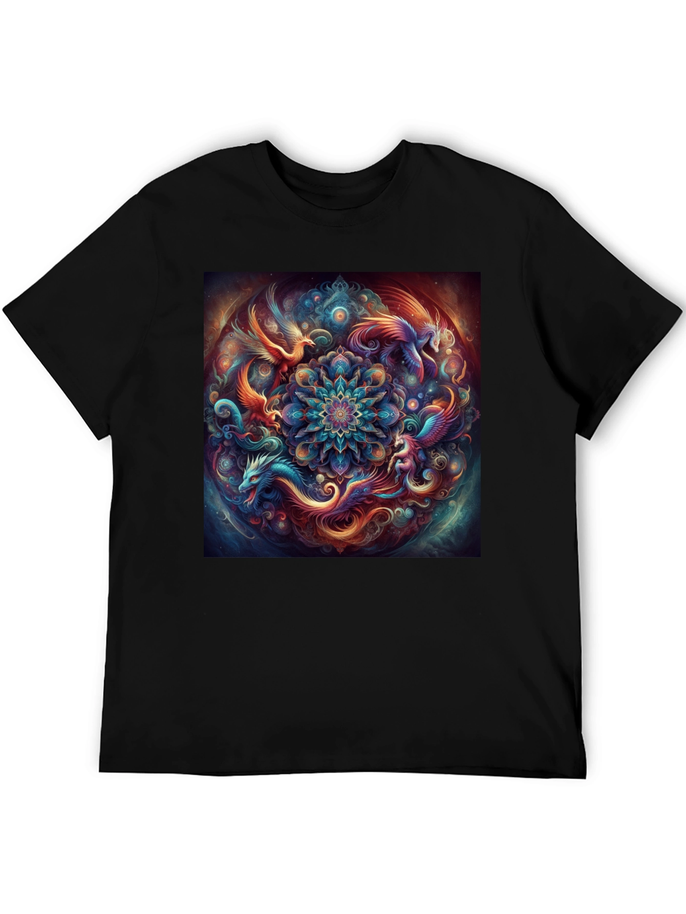Mystic Phoenix Dragon Mandala Black T-Shirt