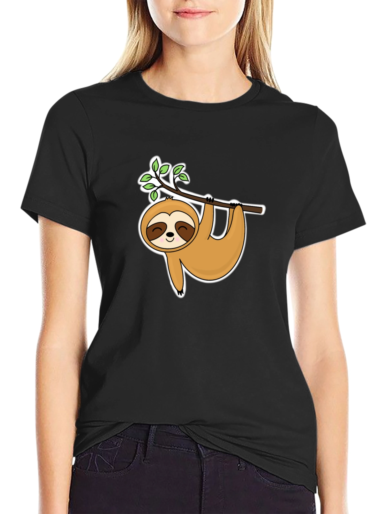 Cute Sloth Hanging On Branch Black T-Shirt