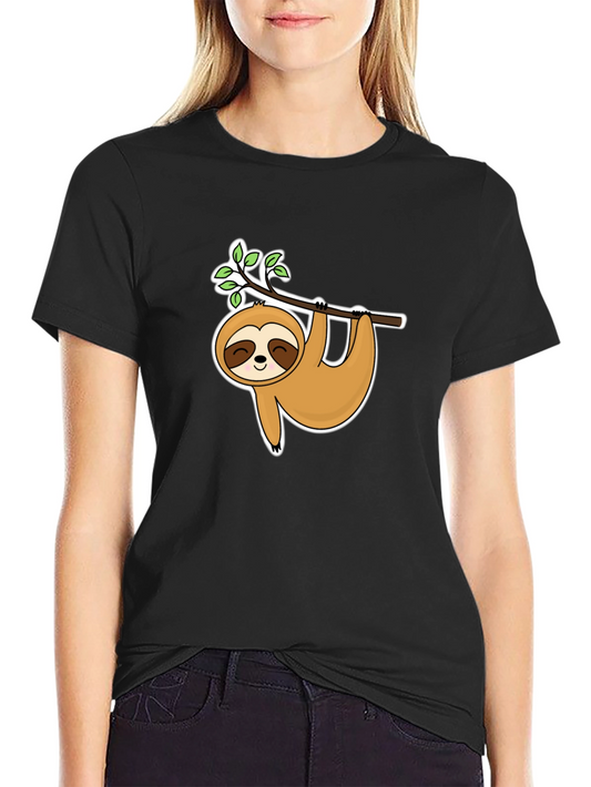 Cute Sloth Hanging On Branch Black T-Shirt