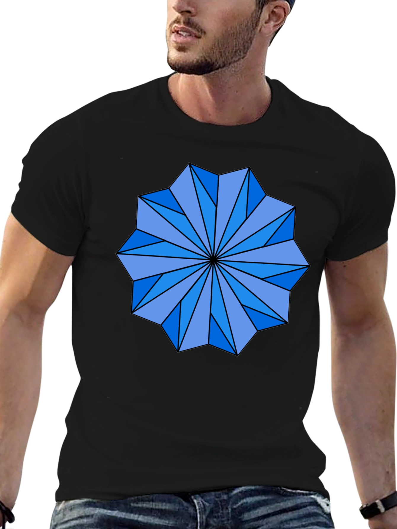 Geometric Starburst Graphic Tee - Black Cotton Blend Shirt