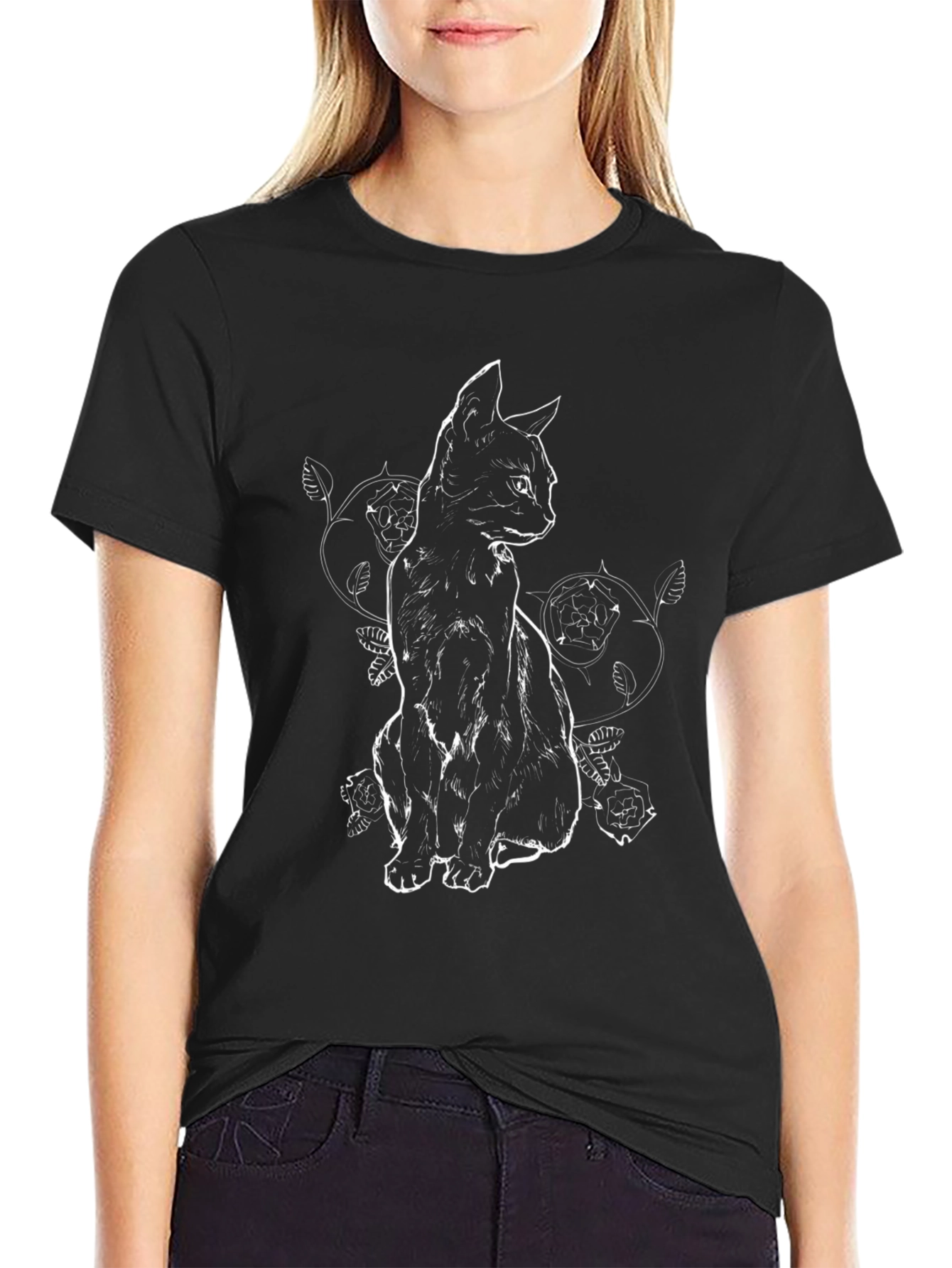 Black Cat Roses Graphic Tee - Stylish Mens T-Shirt