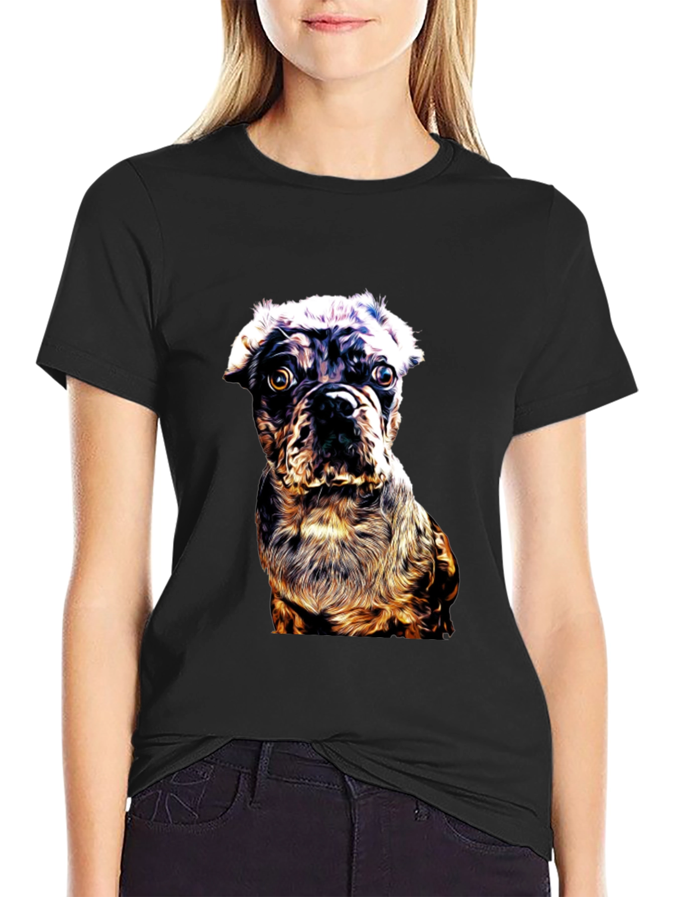 Dog Graphic Print Black Crew Neck T-Shirt