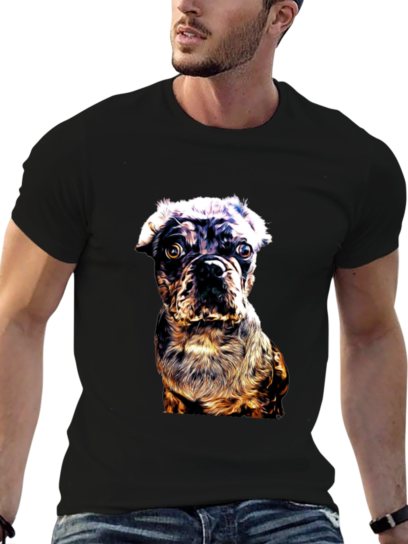 Dog Graphic Print Black Crew Neck T-Shirt
