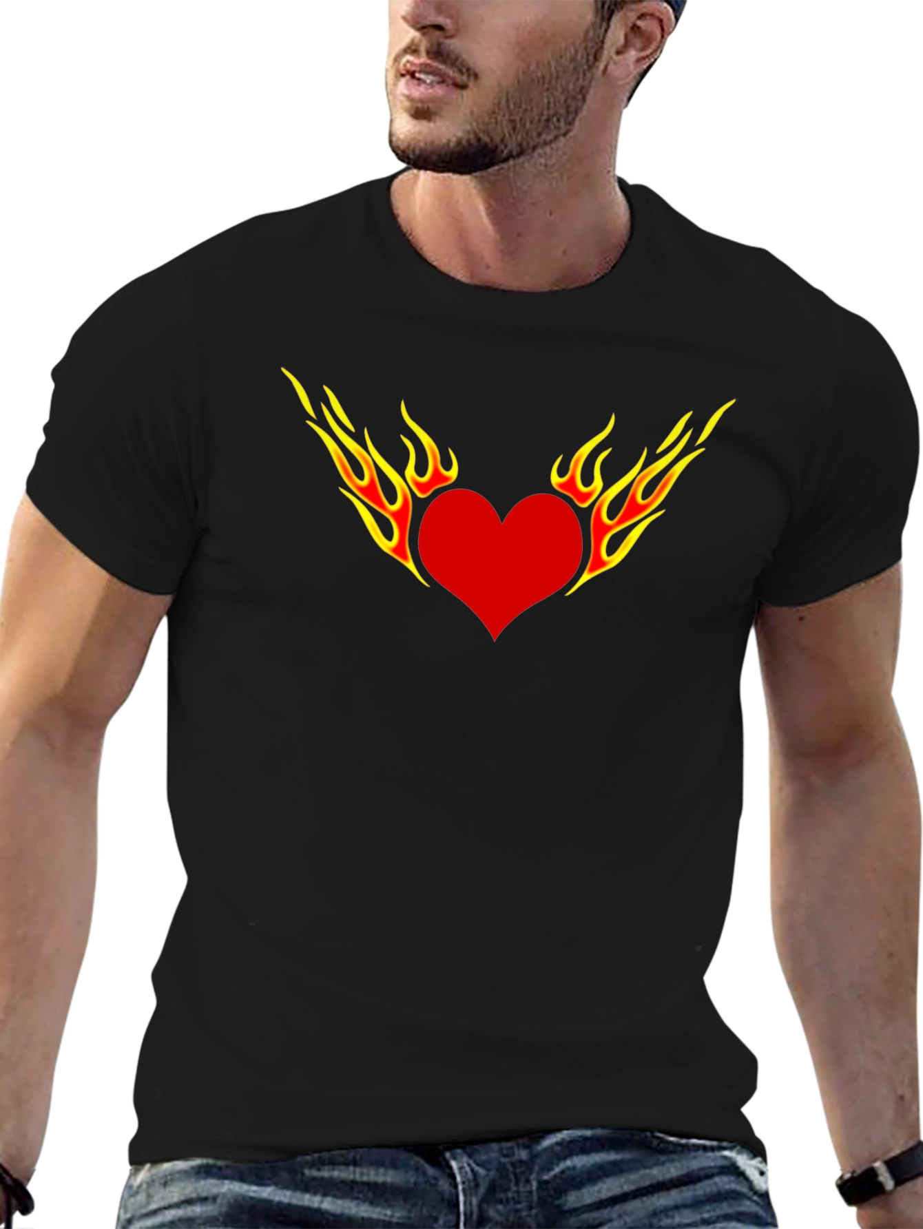 Fiery Heart Graphic Tee - Black Cotton T-Shirt