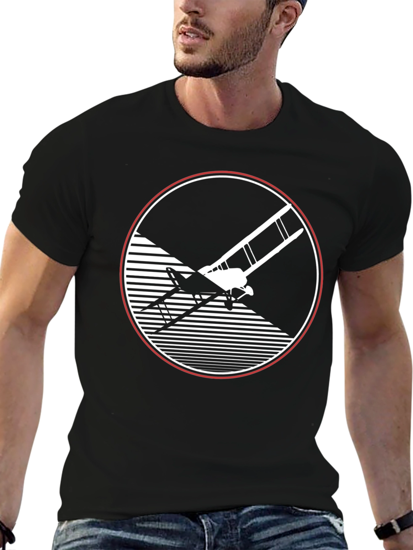 Retro Biplane Graphic Tee - Black Cotton T-Shirt