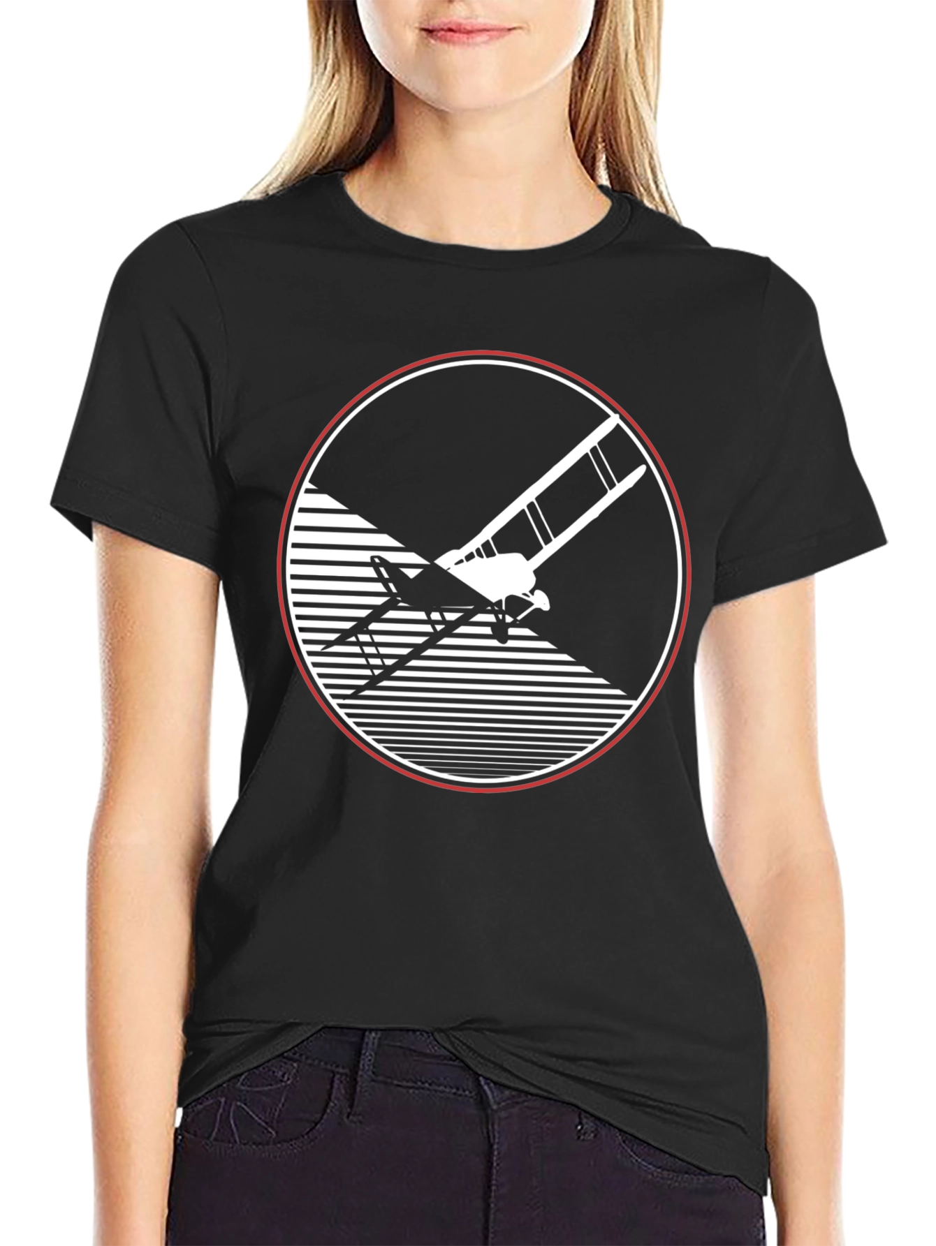 Retro Biplane Graphic Tee - Black Cotton T-Shirt