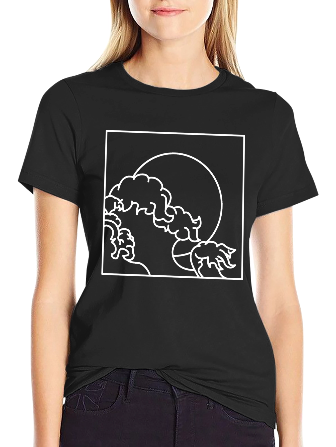 Minimalist Wave and Moon Graphic Tee
