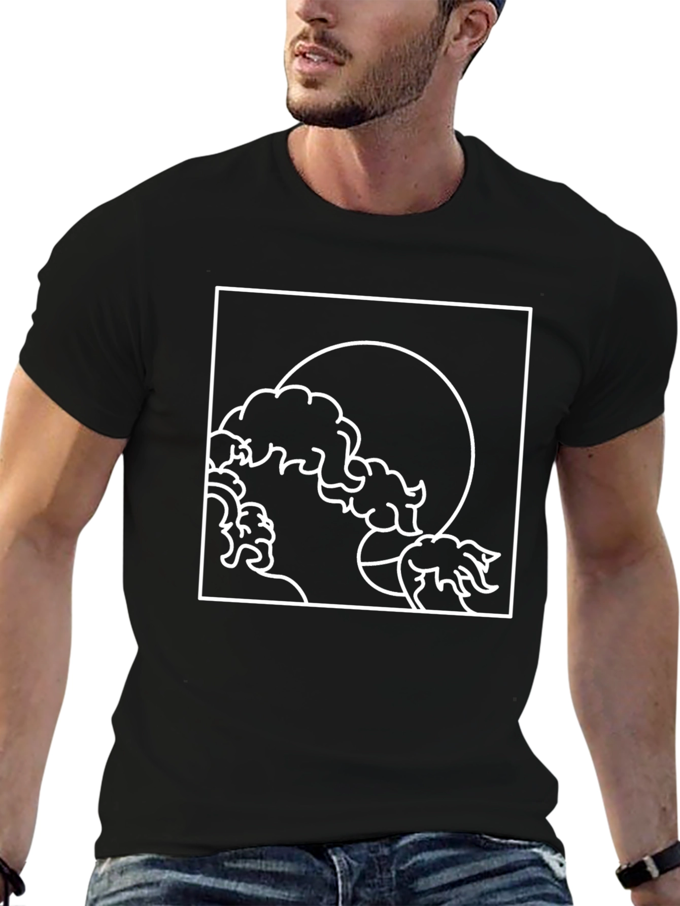 Minimalist Wave and Moon Graphic Tee