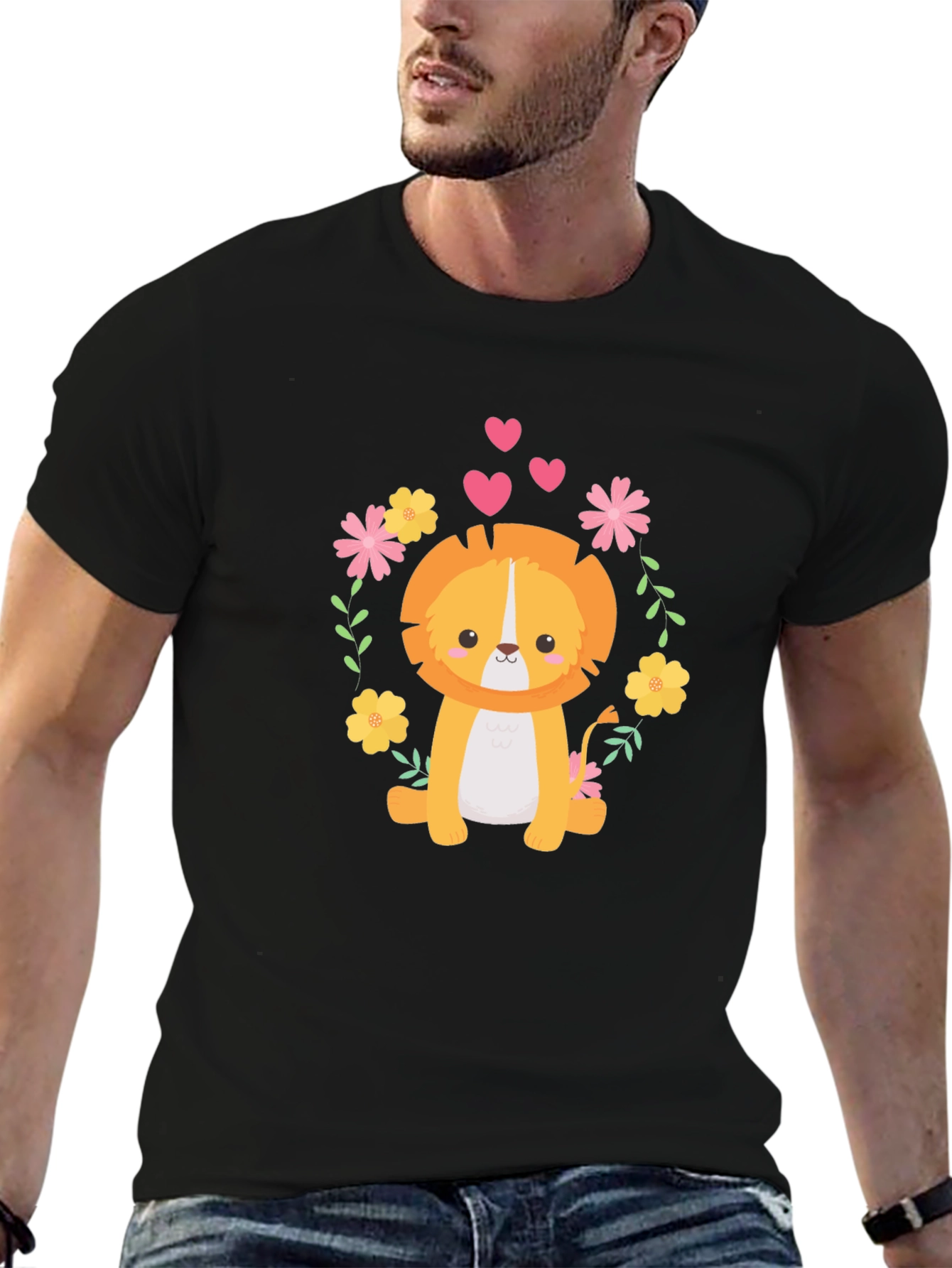 Cute Lion Graphic Tee - Black Cotton Blend T-Shirt