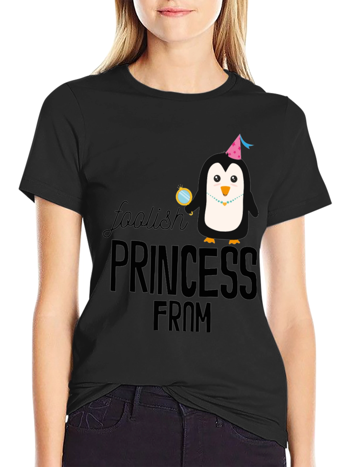 Foolish Princess Penguin T-Shirt - Black Cotton