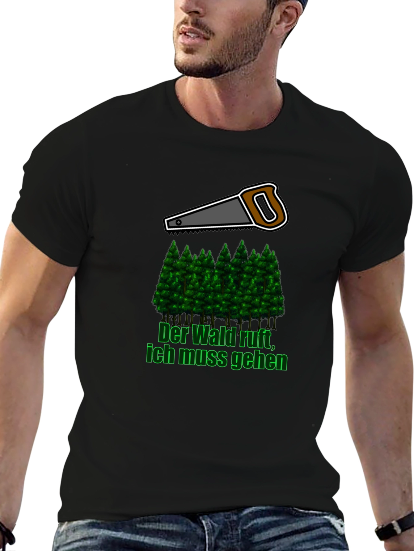 Lumberjack Saw & Forest Graphic Tee - Black