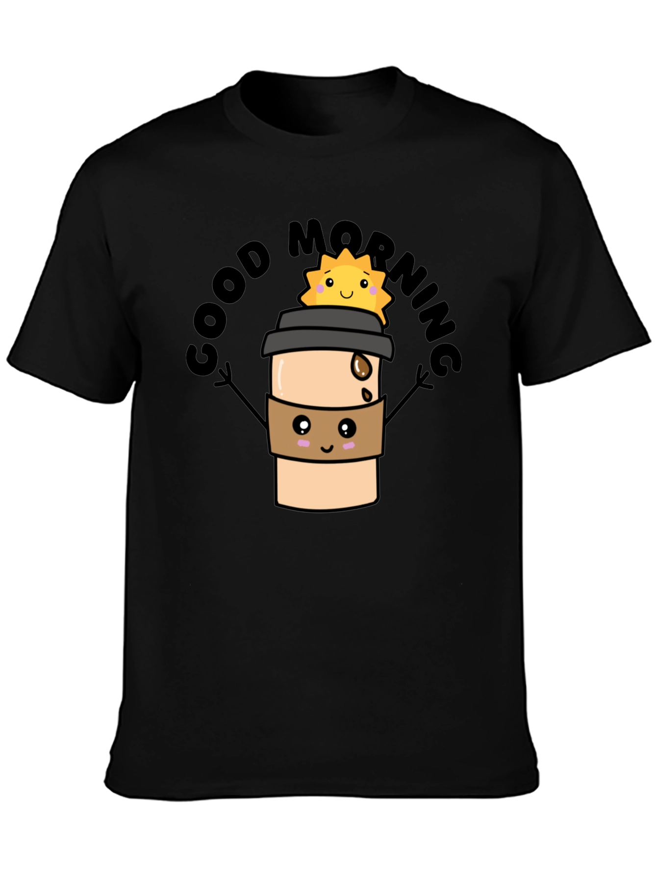 Good Morning Coffee Cartoon Black Tee