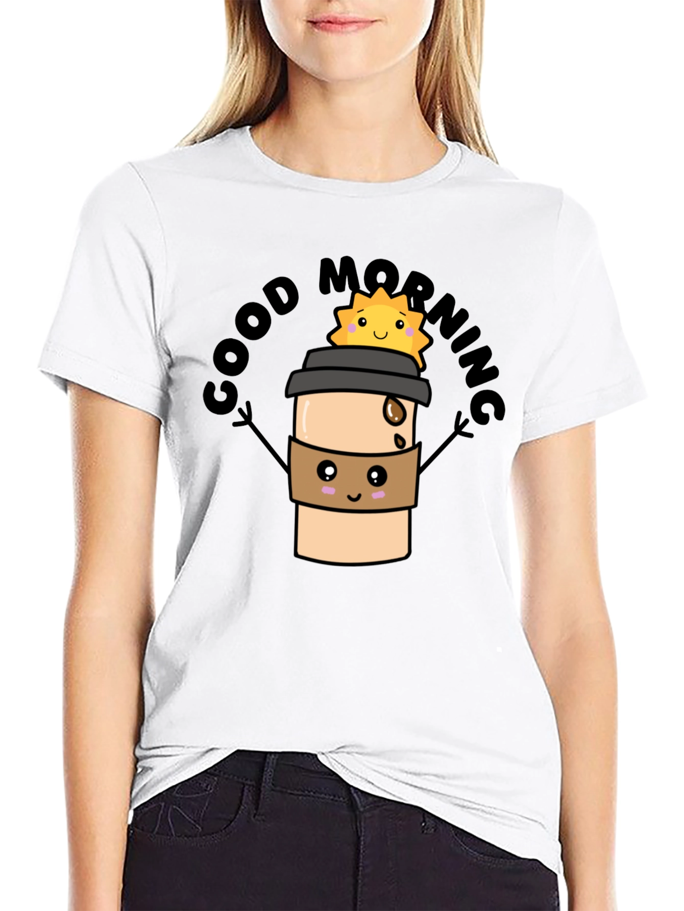Good Morning Coffee Cartoon Black Tee