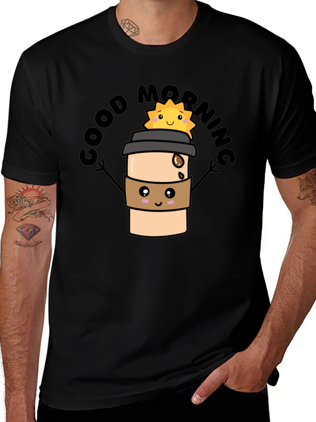 Good Morning Coffee Cartoon Black Tee